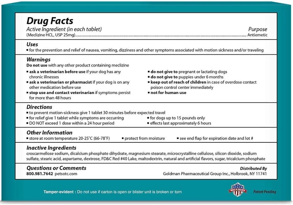 تسکین دهنده حالت تهوع و بیماری حرکت برای سگ های نژاد کوچک، تسکین دهنده سرگیجه و عدم تعادل، 10 قرص