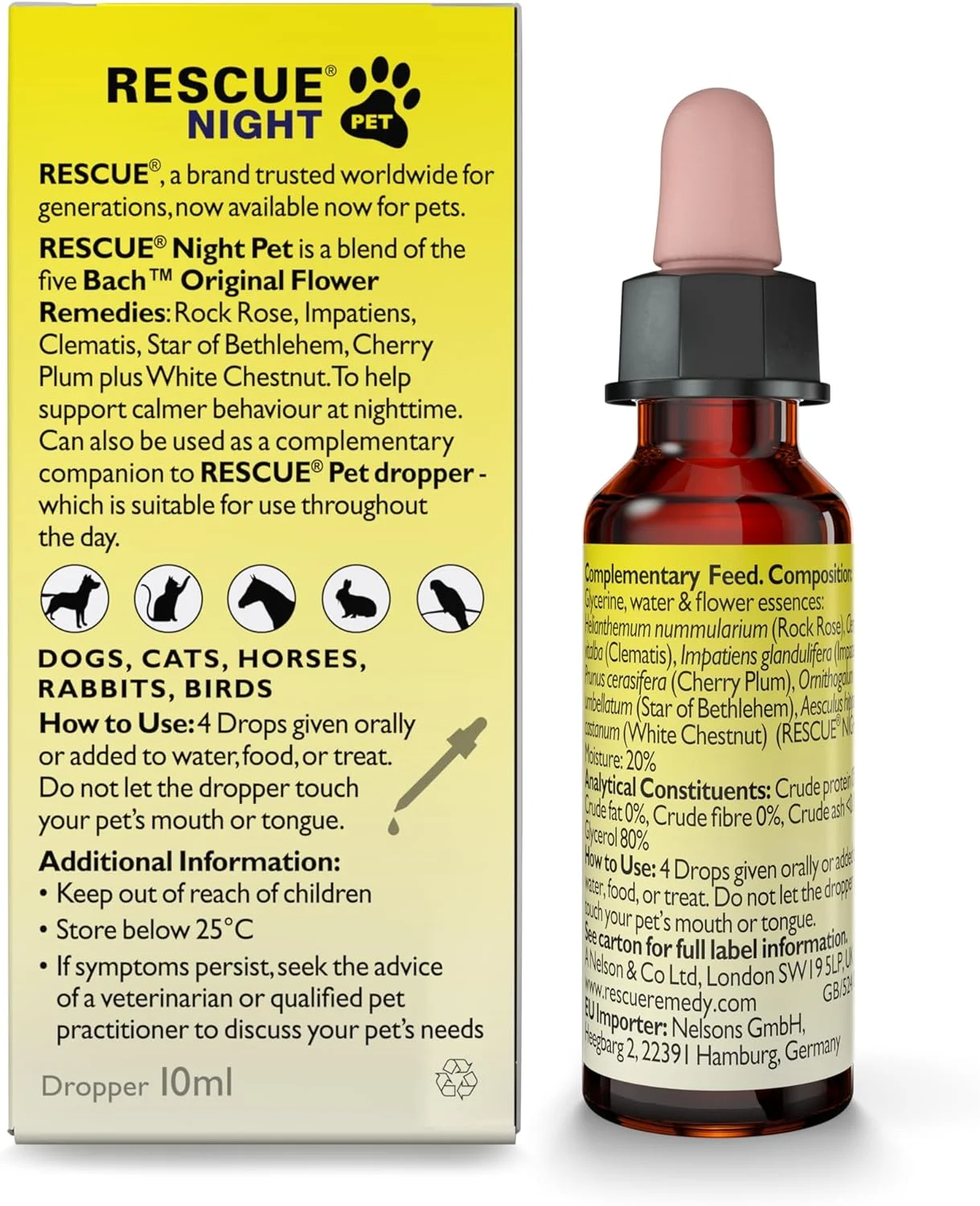 قطره شب حیوانات خانگی RESCUE (10 میلی لیتر)، مناسب جدایی، شب های بی خوابی، مسافرت، صدا، آرام بخش برای سگ ها، گربه ها و سایر حیوانات خانگی، اسانس گل باخ، ملایم، طبیعی برای افزایش آرامش