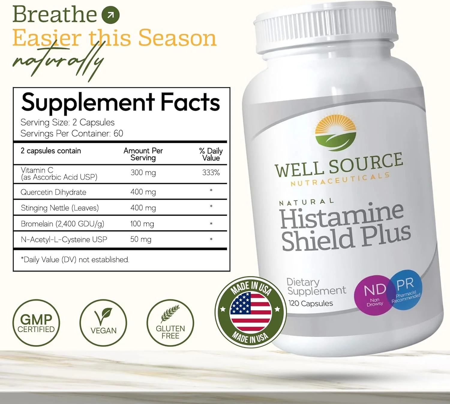 مکمل آنتی هیستامین کاملا طبیعی، مسدود کننده هیستامین، مناسب برای آلرژی به گرده، شوره حیوانات خانگی، گرد و غبار، کپک و بو. 120 کپسول