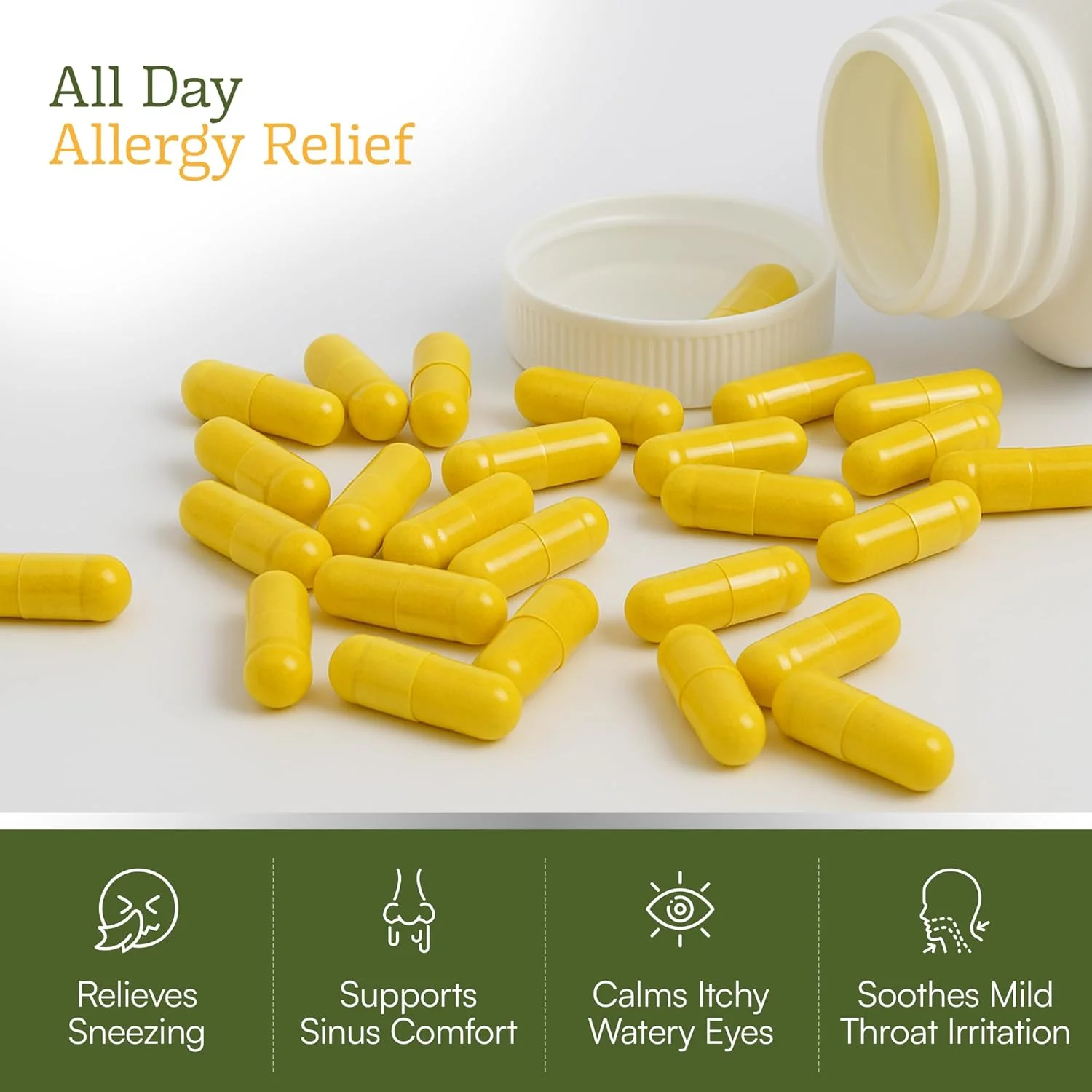 مکمل آنتی هیستامین کاملا طبیعی، مسدود کننده هیستامین، مناسب برای آلرژی به گرده، شوره حیوانات خانگی، گرد و غبار، کپک و بو. 120 کپسول