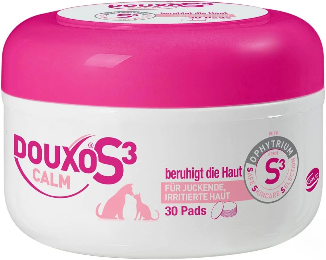 پدهای تسکین دهنده پوست سگ و گربه DOUXO S3 CALM، راه حل پوست خشک و خارش دار سگ، دستمال مرطوب حیوانات خانگی برای پوست حساس و تحریک شده، دستمال مرطوب پا سگ، دستمال مرطوب ضد حساسیت سگ و گربه، تسکین دهنده و آبرسان، 30 عدد
