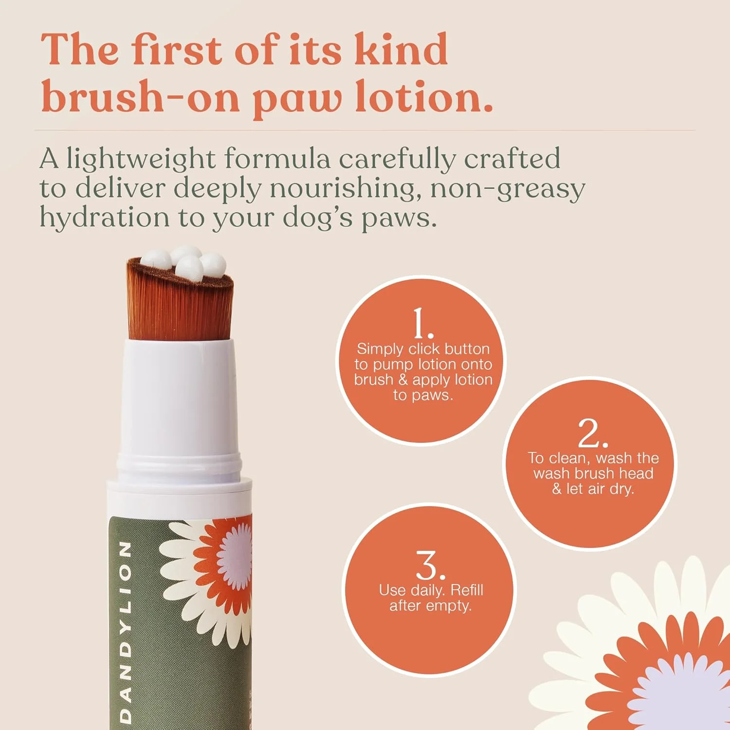 لوسیون نرم کننده پنجه سگ دندلیون همراه با برس | بالم آبرسان پنجه سگ | تایید شده توسط دامپزشک، ایمن برای لیسیدن و بدون عطر | متعادل کننده PH برای پنجه های خشک، ترک خورده و دارای خارش، مناسب برای سگ های کوچک و بزرگ 18 میلی لیتر