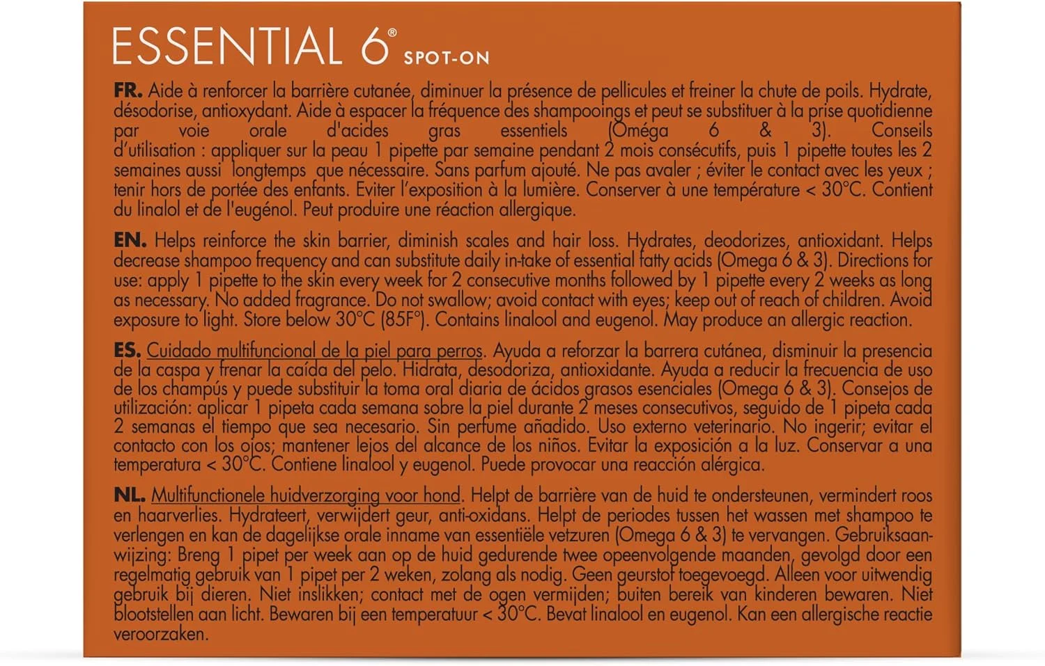 محلول موضعی درموسنت Essential 6 - مراقبت از پوست سگ برای رفع شوره و حساسیت با روغن ویتامین E - ضد خارش برای سگ ها - مواد طبیعی برای پوست حساس - سگ های 20-40 کیلوگرم - 4 پیپت 2.4 میلی لیتری