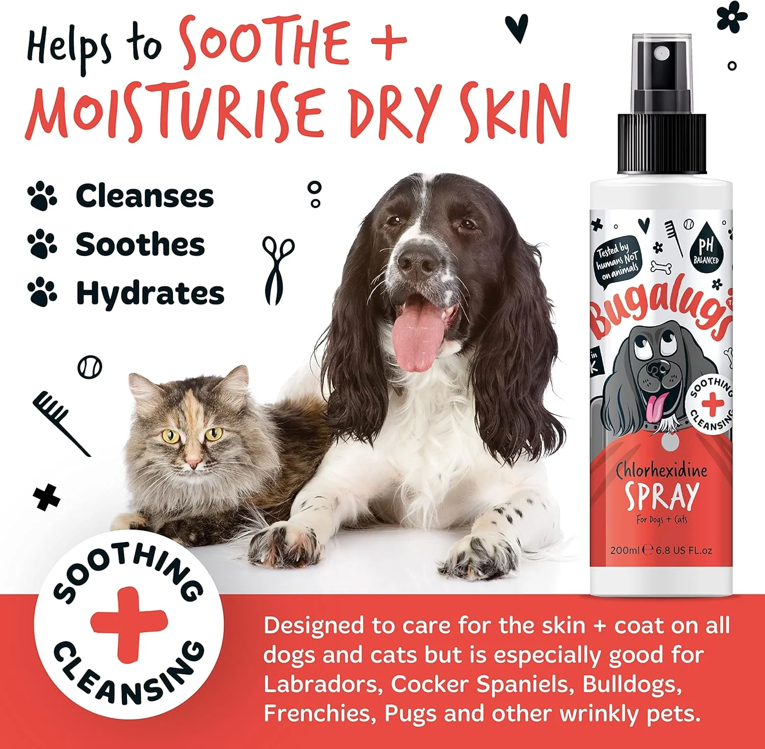 اسپری سگ باگالوگز برای پوست آسیب دیده - اسپری نظافت حیوانات خانگی. مناسب برای سگ هایی با پوست حساس. تمیز کننده چین و چروک برای توله سگ، سگ ها و گربه ها