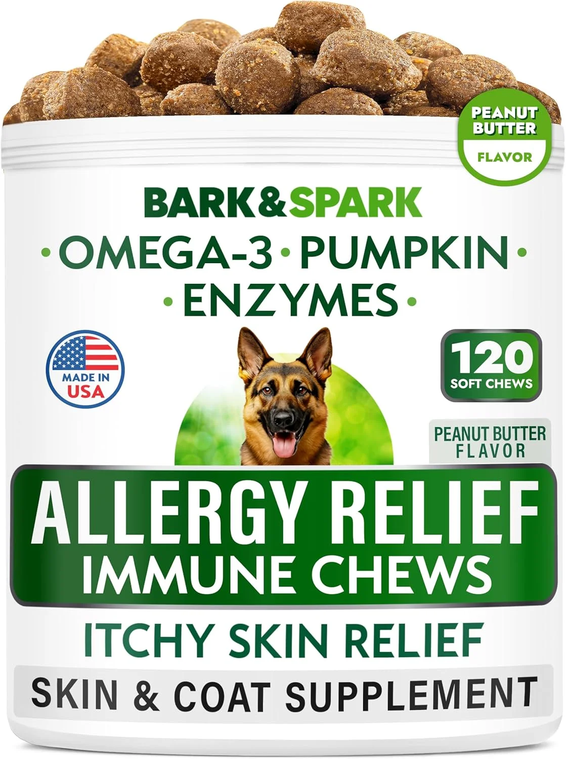 جویدنی های ضد حساسیت سگ BARK&SPARK - مکمل پوست و مو ضد خارش - روغن ماهی امگا 3 - قرص های درمانی تسکین خارش پوست - خارش و لیسیدن پنجه - پوست خشک و نقاط داغ - (120 عدد تشویقی تقویت کننده سیستم ایمنی - بادام زمینی) جویدنی های ضد حساسیت سگ BARK&SPARK - مکمل پوست و مو ضد خارش - روغن ماهی امگا 3 - قرص های درمانی تسکین خارش پوست - خارش و لیسیدن پنجه - پوست خشک و نقاط داغ - (120 عدد تشویقی تقویت کننده سیستم ایمنی - بادام زمینی)