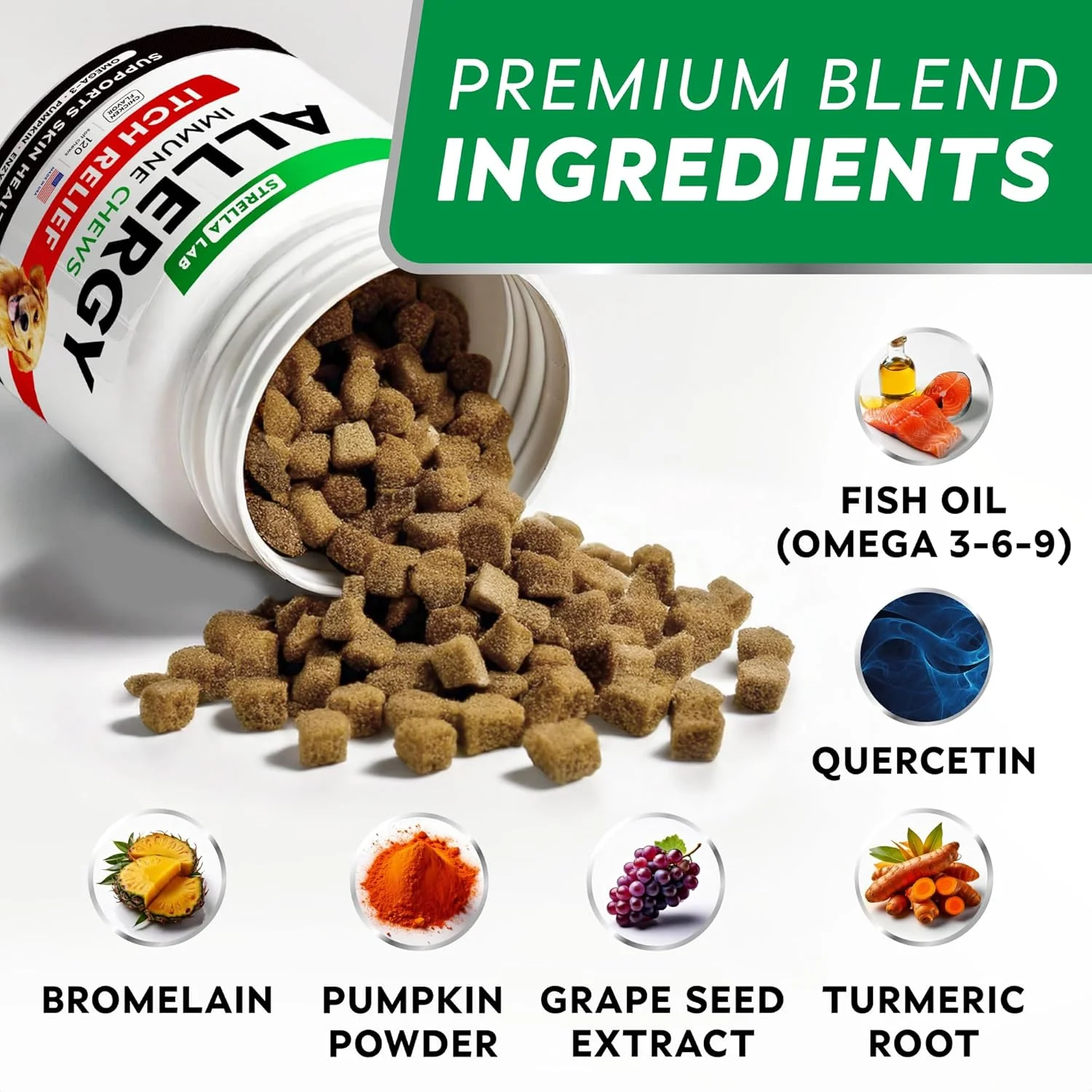 درمان حساسیت سگ و خارش پوست STRELLALAB با امگا 3 و کدو تنبل، تشویقی برای خارش و لیسیدن سگ ها، مکمل ها، نقطه داغ برای سگ ها، پشتیبانی ضد خارش، مکمل پوست و موی سگ