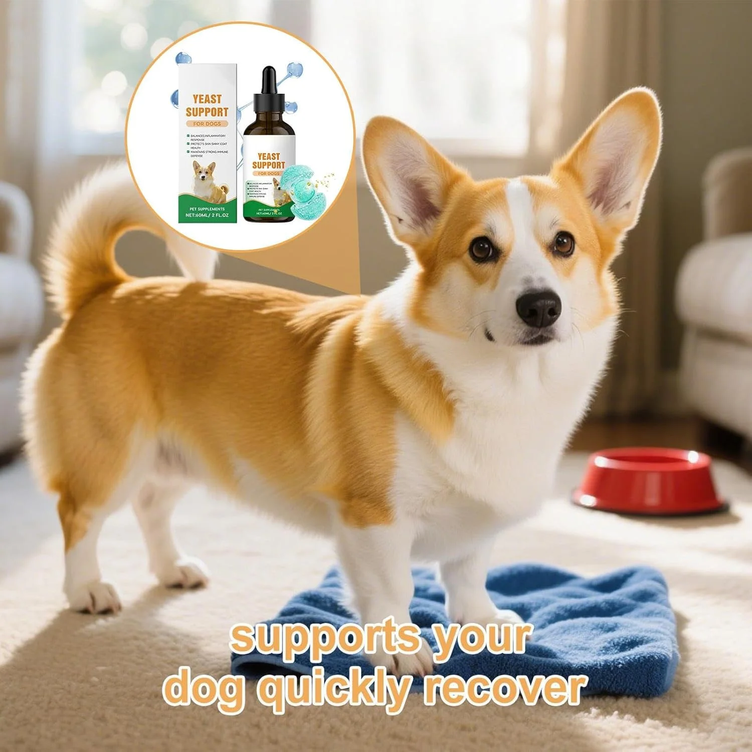 مکمل پوست برای سگ ها | قطره های ترمیم کننده تسکین دهنده 60 میلی لیتر | مکمل غذایی - برای تسکین سوزش، آبرسانی و مراقبت روزانه از سلامت سگ