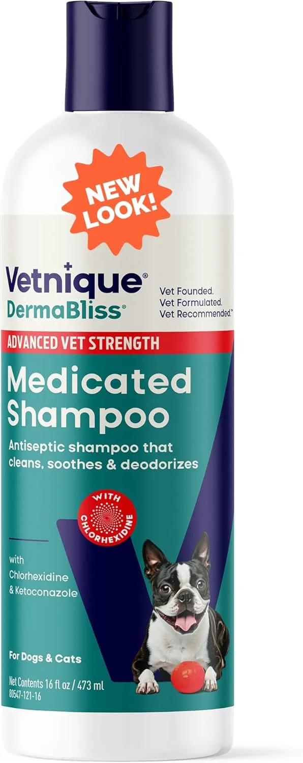 شامپو درمابلیس کلرهگزیدین Vetnique برای سلامت پوست سگ - شامپو دارویی ضد باکتریال سگ - برای عفونت ها و تحریکات پوستی، نقاط داغ و تسکین قرمزی (شامپو دارویی، 473 میلی لیتر)