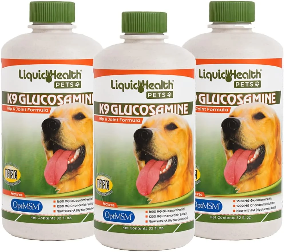 گلوکزامین مایع سگ LIQUIDHEALTH Pets K9 برای سگ ها، توله سگ ها، سگ های مسن با کندرویتین، MSM، اسید هیالورونیک - ویتامین های سگ برای سلامت مفاصل ران، روغن مفاصل سگ، آب میوه مفاصل - ساخت ایالات متحده آمریکا (بسته 3 عددی)