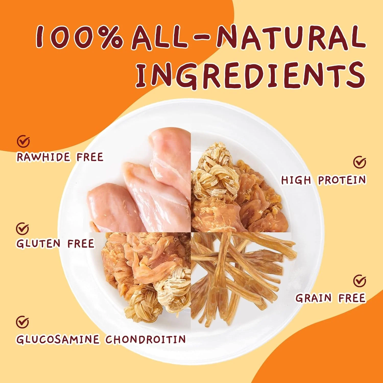 تاندون گاو برای سگ ها، جویدنی های سگ با طعم مرغ، مکمل طولانی مدت مفصل ران و مفاصل برای سگ ها با گلوکزامین (استخوان گره دار)