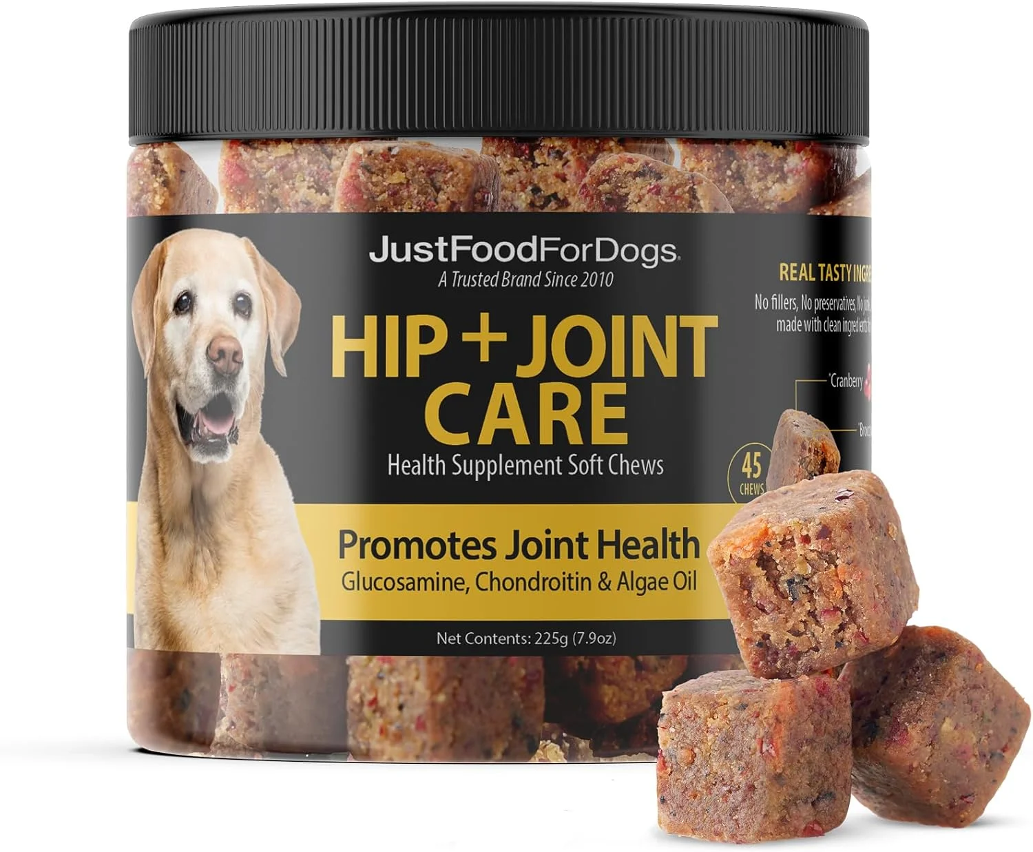 تشویقی نرم مفصل و استخوان سگ JustFoodForDogs حاوی گلوکزامین و کندرویتین، ترکیب سوپرفود، درجه انسانی، گیاهی - 45 عدد