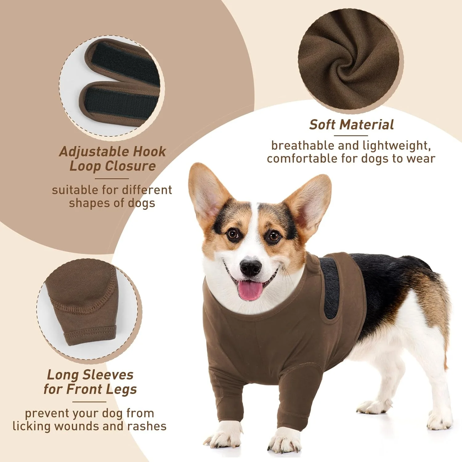 لباس نقاهت سگ ایکویی، لباس نقاهت سگ، آستین نقاهت سگ برای پای جلویی برای جلوگیری از لیسیدن، محافظ زخم پای سگ آستین آرنج سگ برای آسیب های پا و درد مفاصل، لباس سرهمی سگ، خاکی، M