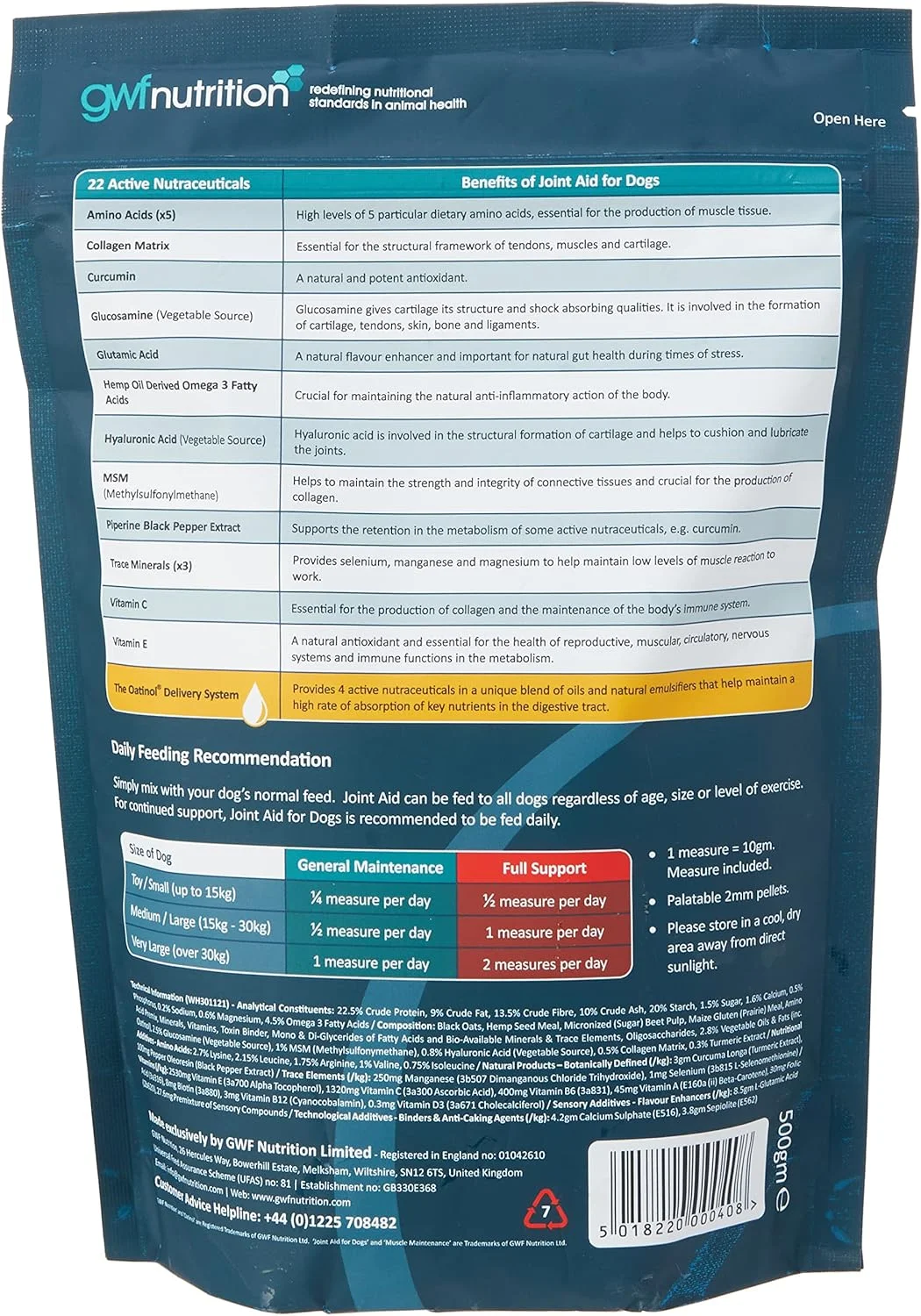 مکمل غذایی GWF Nutrition Joint Aid Plus برای حفظ عضلات سگ، 500 گرم، حاوی گلوکزامین و اواتینول