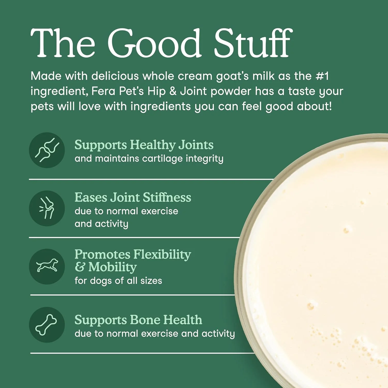 شیر بز Fera Pets - پشتیبانی از مفصل و استخوان سگ و گربه با گلوکزامین، MSM و صدف لب سبز - پشتیبانی از انعطاف پذیری، تحرک و سلامت استخوان - برای حیوانات خانگی بد غذا - 60 پیمانه