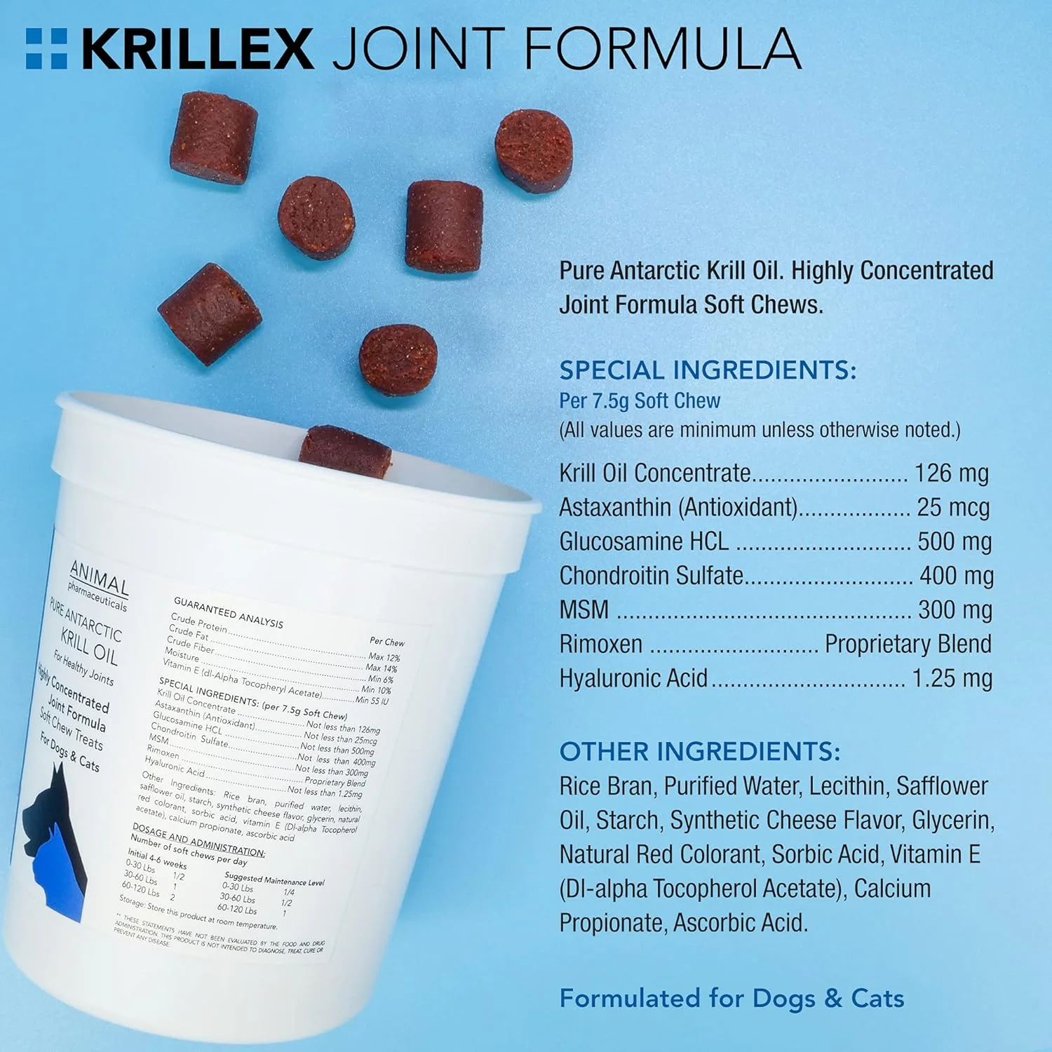 فرمول مفصلی Krillex و روغن کریل امگا 3 Animal Pharmaceuticals برای سگ ها و گربه ها - گلوکزامین برای سگ ها - کندرویتین، MSM و اسید هیالورونیک برای مراقبت از مفاصل - جویدنی با طعم پنیر - 60 عدد، 450 گرم