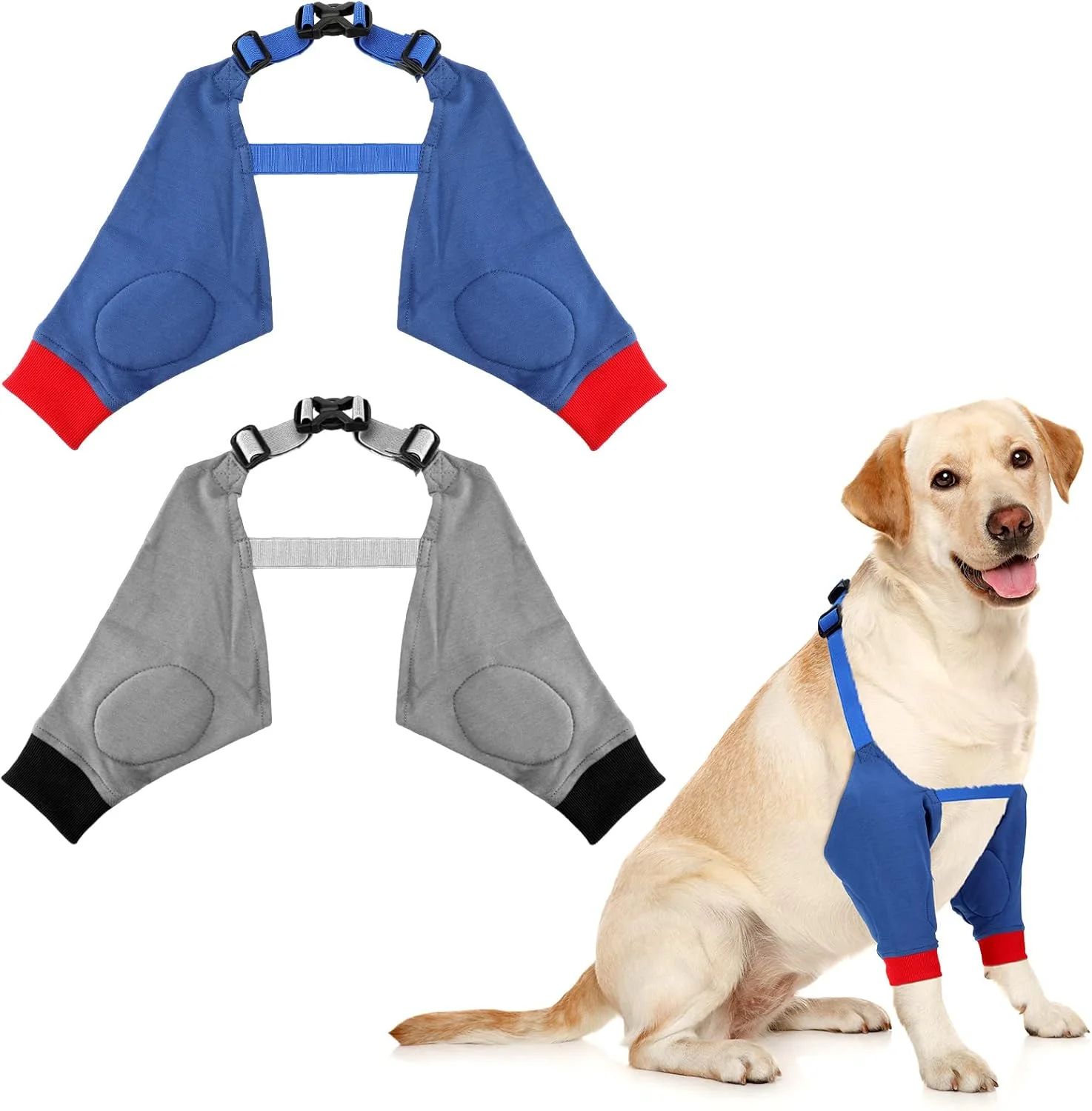 دو جفت محافظ ساق پای جلویی سگ، آستین بهبودی سگ با نوار الاستیک، آستین نرم و پددار برای بهبودی پاهای جلویی سگ، محافظ آرنج سگ قابل تنظیم برای سگ های بزرگ متوسط، 2 رنگ (بزرگ)