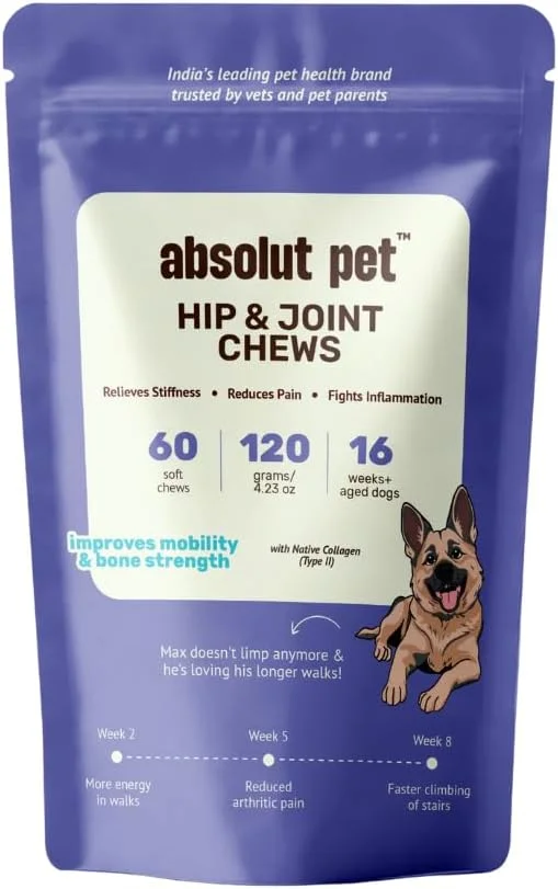 مکمل های مفصل و استخوان سگ Absolut Pet، جویدنی هایی برای بهبود تحرک و استحکام استخوان با گلوکزامین، کندرویتین و کلاژن (60 عدد)