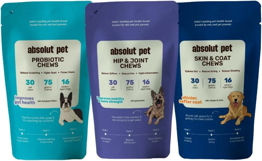 مکمل غذایی سگ Absolut Pet، پروبیوتیک، مفاصل و استخوان، پوست و مو برای سلامت روده، کاهش ریزش مو و بهبود تحرک با امگا، کلاژن و گلوکزآمین (3 بسته 30 عددی) مکمل غذایی سگ Absolut Pet، پروبیوتیک، مفاصل و استخوان، پوست و مو برای سلامت روده، کاهش ریزش مو و بهبود تحرک با امگا، کلاژن و گلوکزآمین (3 بسته 30 عددی)
