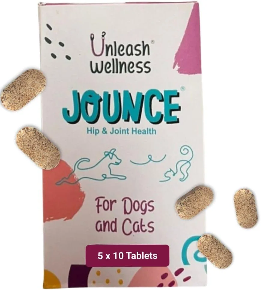 مکمل مفاصل و استخوان جانس، برای سگ ها و گربه ها، گلوکزامین، کندرویتین، آشواگاندا و اسید هیالورونیک، تحرک مفاصل، روان کننده، پشتیبانی استخوان و تسکین درد، 50 قرص جویدنی