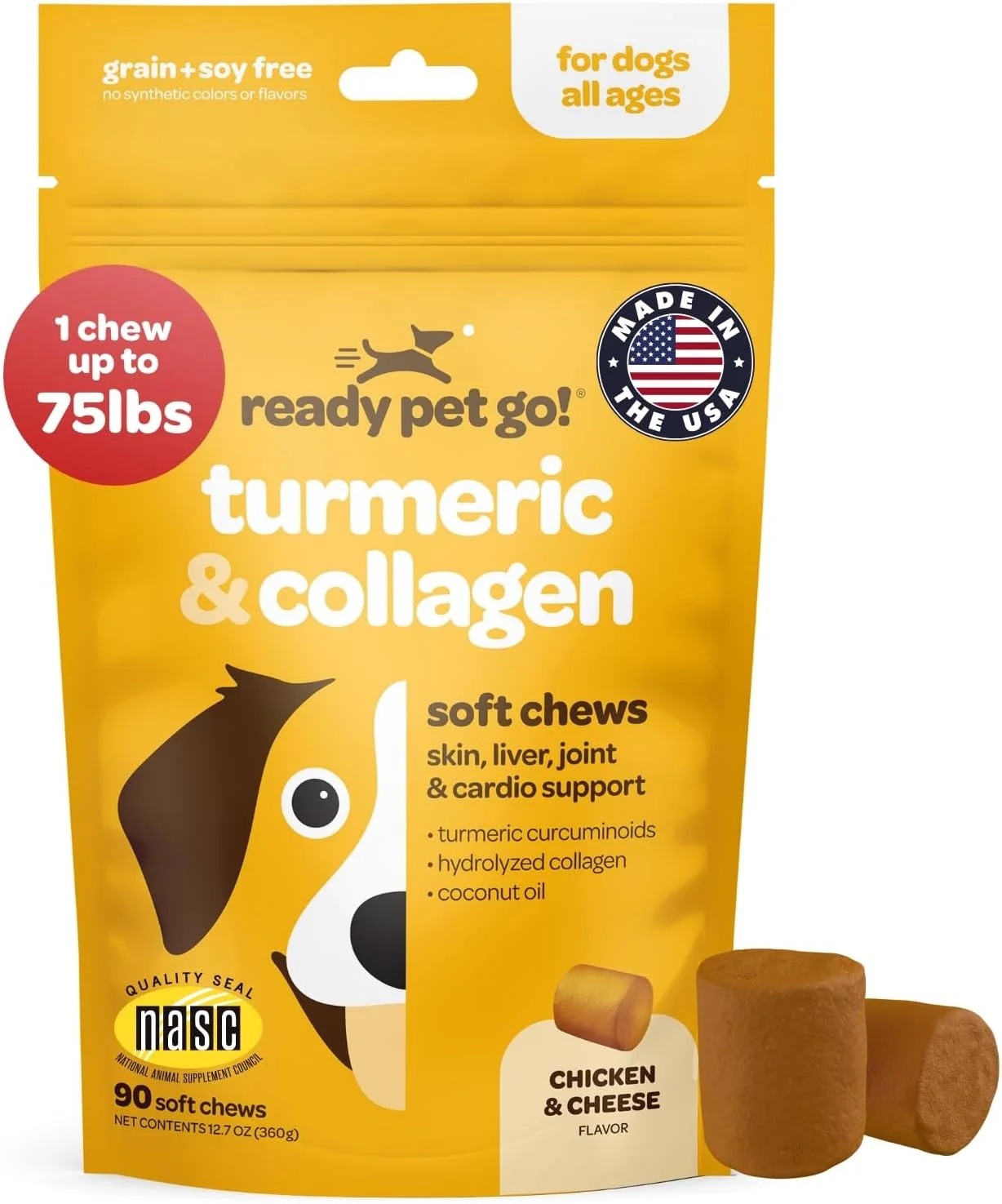 تشویقی نرم زردچوبه برای سگ ها | تشویقی مفصل و لگن برای راحتی و تحرک سگ ها با کلاژن | مکمل مفصل سگ برای همه سنین، نژادها و اندازه ها | دارای گواهی NASC و ساخت آمریکا | 90 عدد
