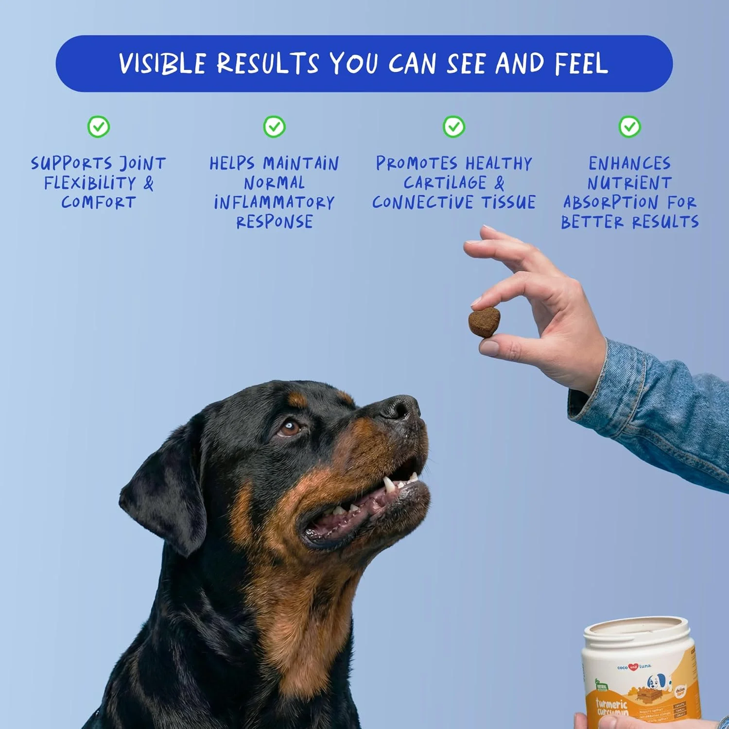 مکمل زردچوبه و کورکومین برای سگ ها - 90 عدد جویدنی نرم - حاوی کلاژن، بیوپرین و روغن ماهی - پشتیبانی از مفاصل و لگن، کاهش التهاب، آنتی اکسیدان، پشتیبانی از قلب و عروق و کبد.