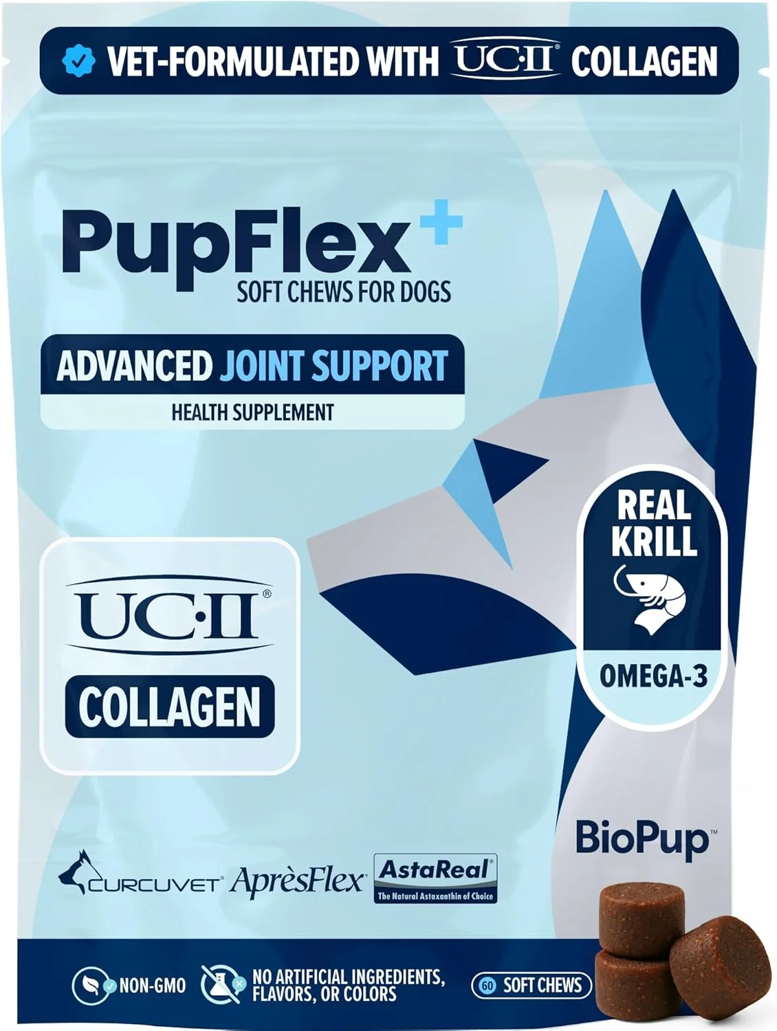 مکمل مفاصل سگ PupFlex+، قرص های جویدنی نرم تولید شده توسط دامپزشکان با کلاژن UC-II®، CurcuVET® و امگا 3، مکمل مفاصل سگ (60 عدد)
