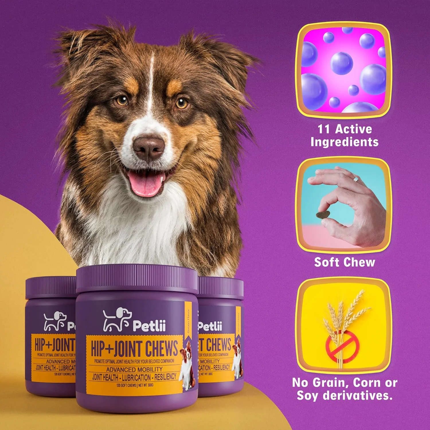 تشویقی های مفصلی سگ - مکمل های مفاصل سگ برای حفظ غضروف، لگن و مفاصل. ترکیبی از گلوکزامین، کندرویتین و MSM در یک تشویقی مناسب برای سگ های مسن و بالغ - 120 عدد تشویقی