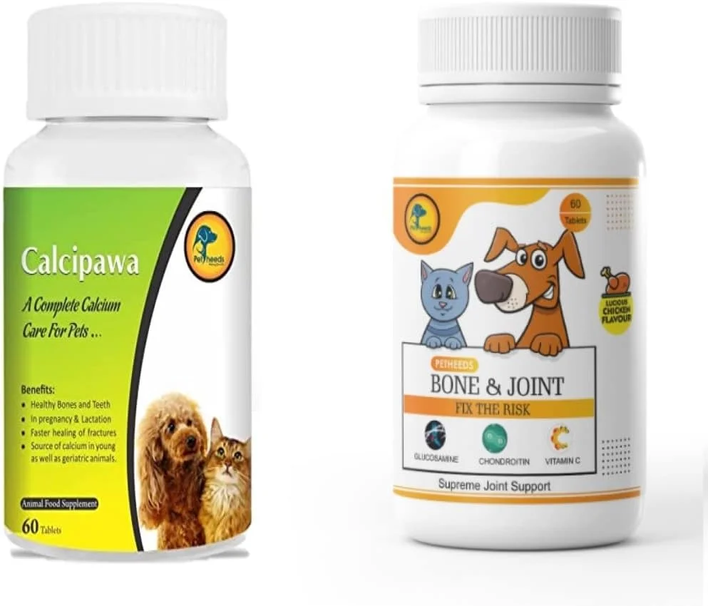 قرص های جویدنی ترکیبی کلسی پاوا + استخوان و مفاصل | مولتی ویتامین برای سگ و گربه | قرص های کلسیم برای استخوان های قوی | دندان ها و رشد - مکمل های حیوانات خانگی با طعم مرغ - 60 قرص در هر بطری