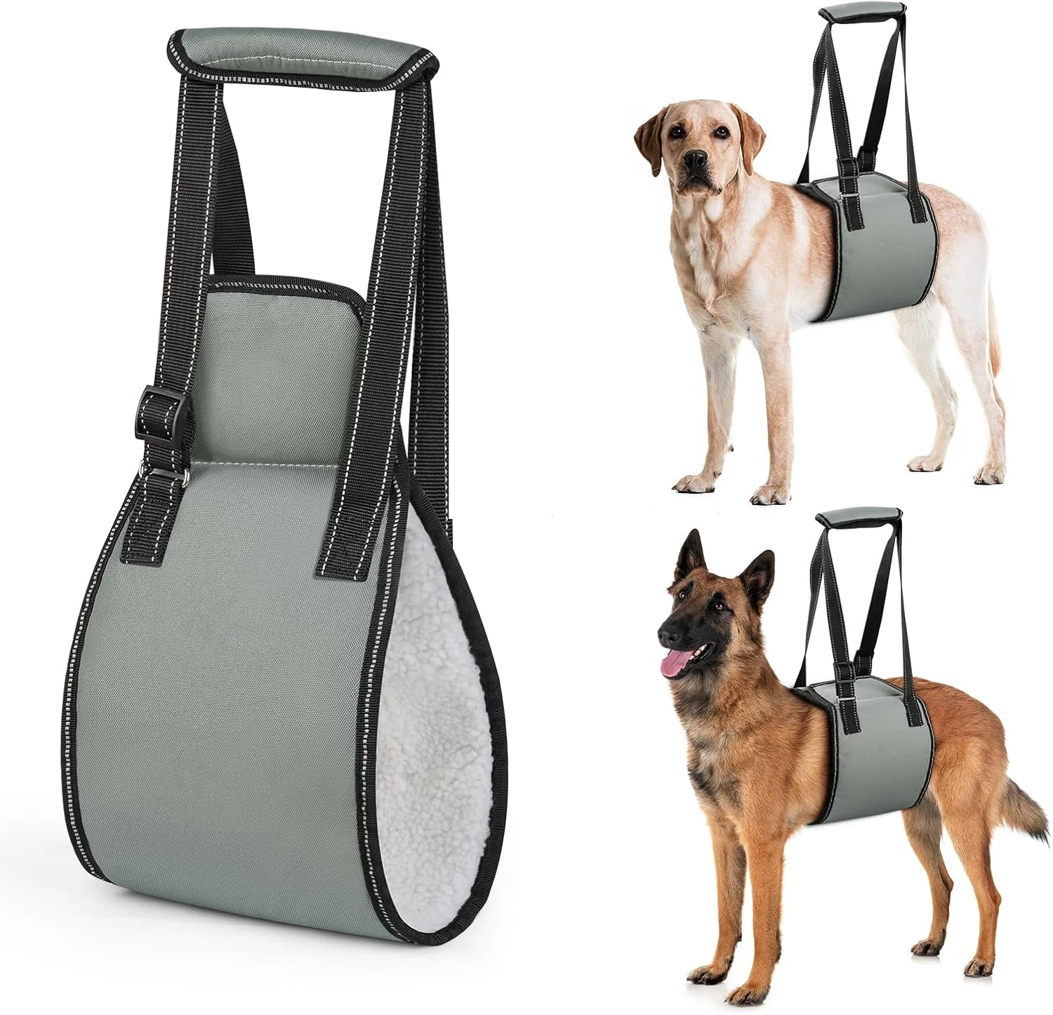 اسلینگ سگ خاکستری OHCOZZY با دسته، هارنس بالابر سگ قابل تنظیم برای توانبخشی، حامل نرم پشتیبانی پا برای سگ های مسن، آسیب دیده، معلول، سایز L