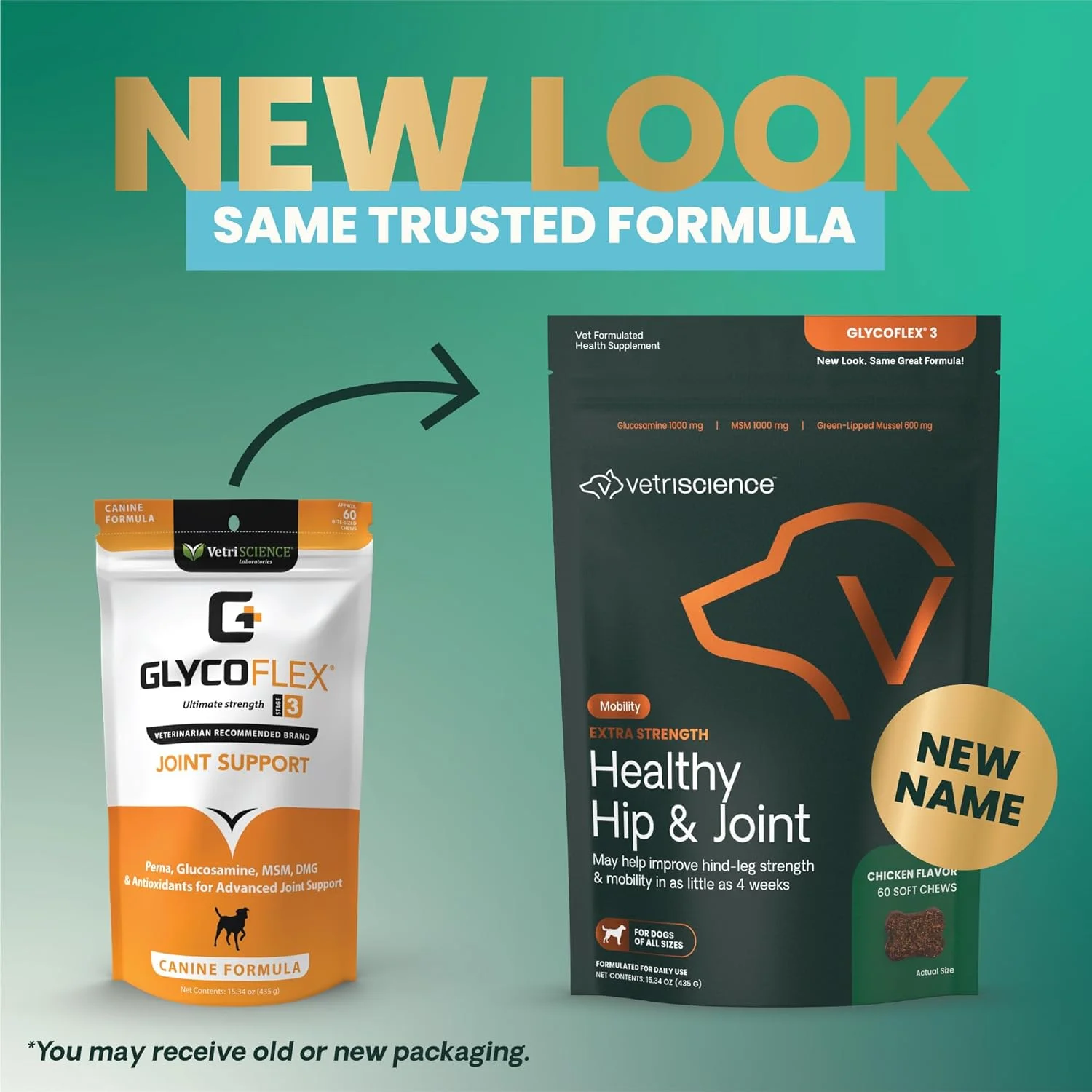 مکمل گلوکزامین VetriScience Glycoflex 3 با قدرت دامپزشکی برای سگ ها، مکمل مفاصل و لگن، طعم مرغ، 60 عدد - مکمل تحرک و مفاصل حاوی MSM، DMG و صدف دریایی لب سبز