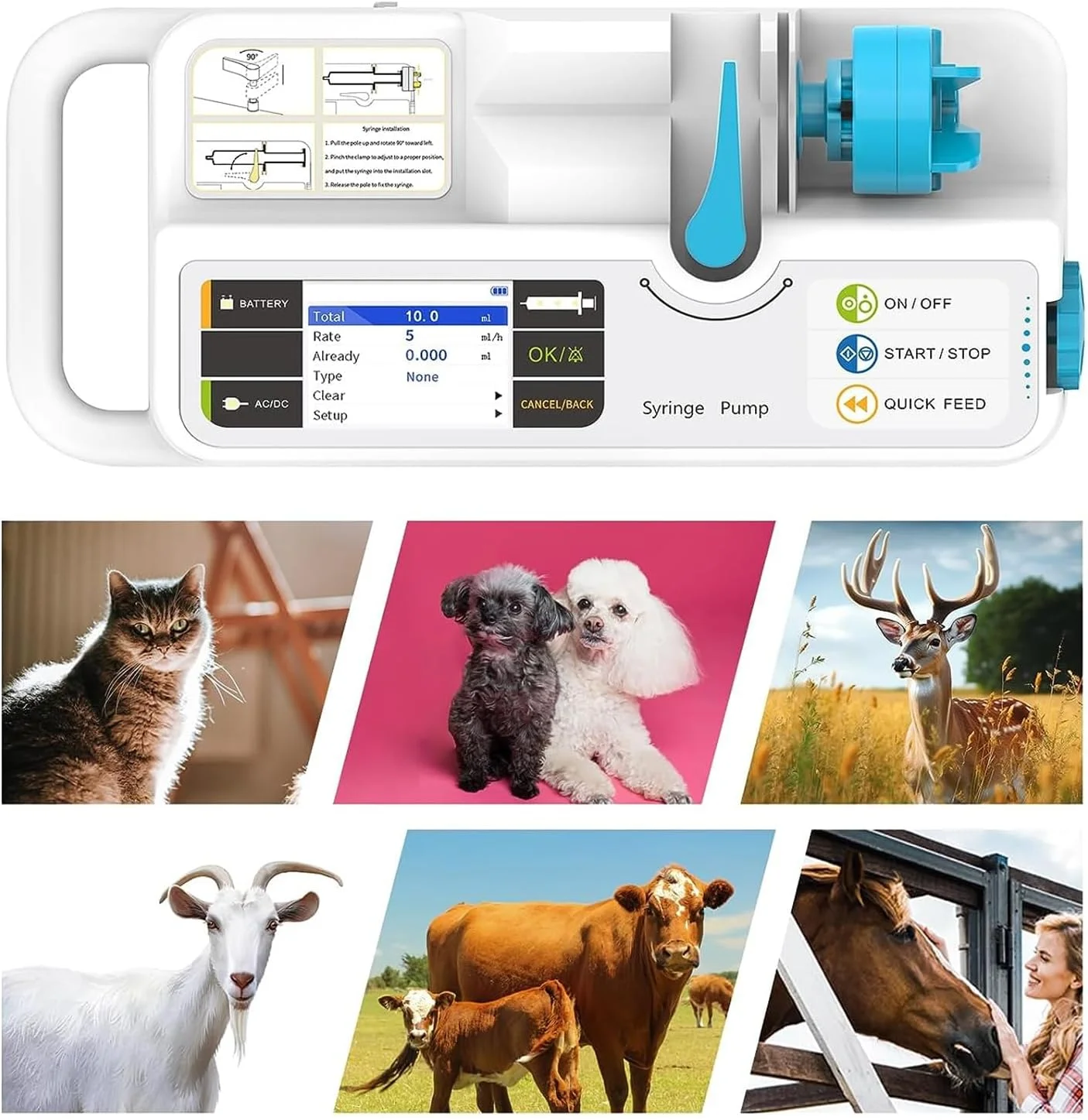 پمپ سرنگ دامپزشکی قابل حمل، دستگاه پمپ قابل تنظیم شارژی با نمایشگر LCD، آلارم انسداد قابل تنظیم KVO و کالیبراسیون، مناسب برای سگ، گربه، حیوانات خانگی