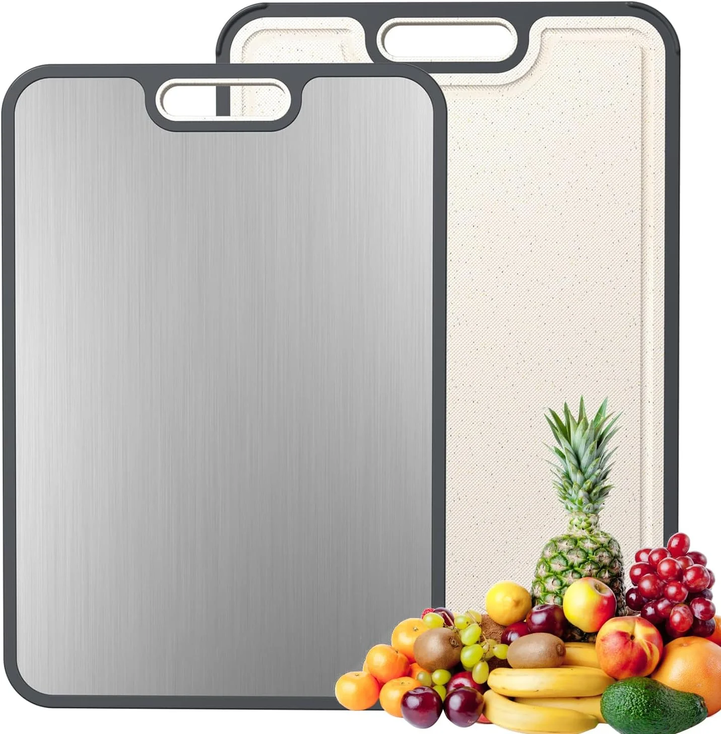 تخته برش تیتانیومی برای آشپزخانه، تخته برش دو طرفه با گرید غذایی، تیتانیوم خالص و PP کاه گندم، قابل شستشو در ماشین ظرفشویی، تمیز کردن آسان، سایز بزرگ 39×27 سانتی متر