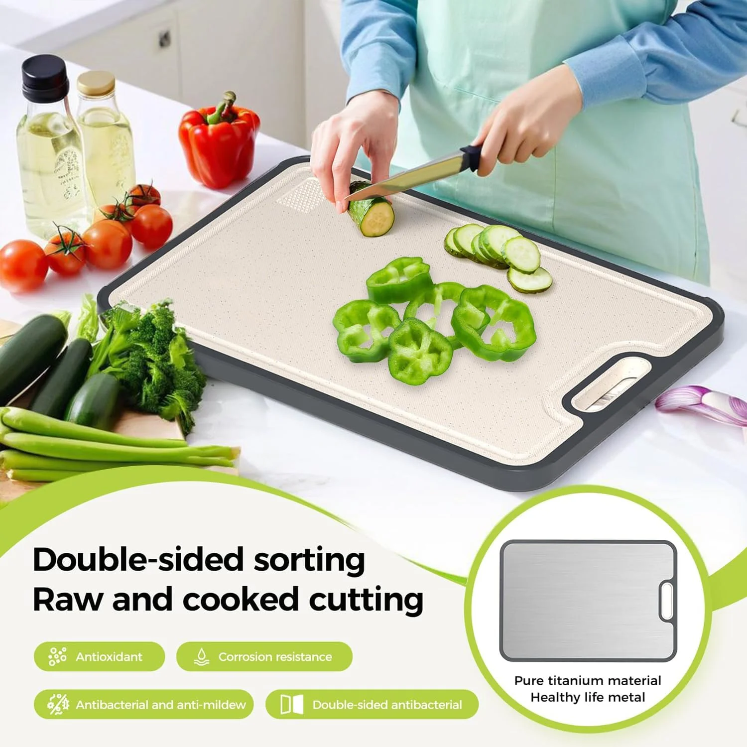 تخته برش تیتانیومی برای آشپزخانه، تخته برش دو طرفه با گرید غذایی، تیتانیوم خالص و PP کاه گندم، قابل شستشو در ماشین ظرفشویی، تمیز کردن آسان، سایز بزرگ 39×27 سانتی متر تخته برش تیتانیومی برای آشپزخانه، تخته برش دو طرفه با گرید غذایی، تیتانیوم خالص و PP کاه گندم، قابل شستشو در ماشین ظرفشویی، تمیز کردن آسان، سایز بزرگ 39×27 سانتی متر