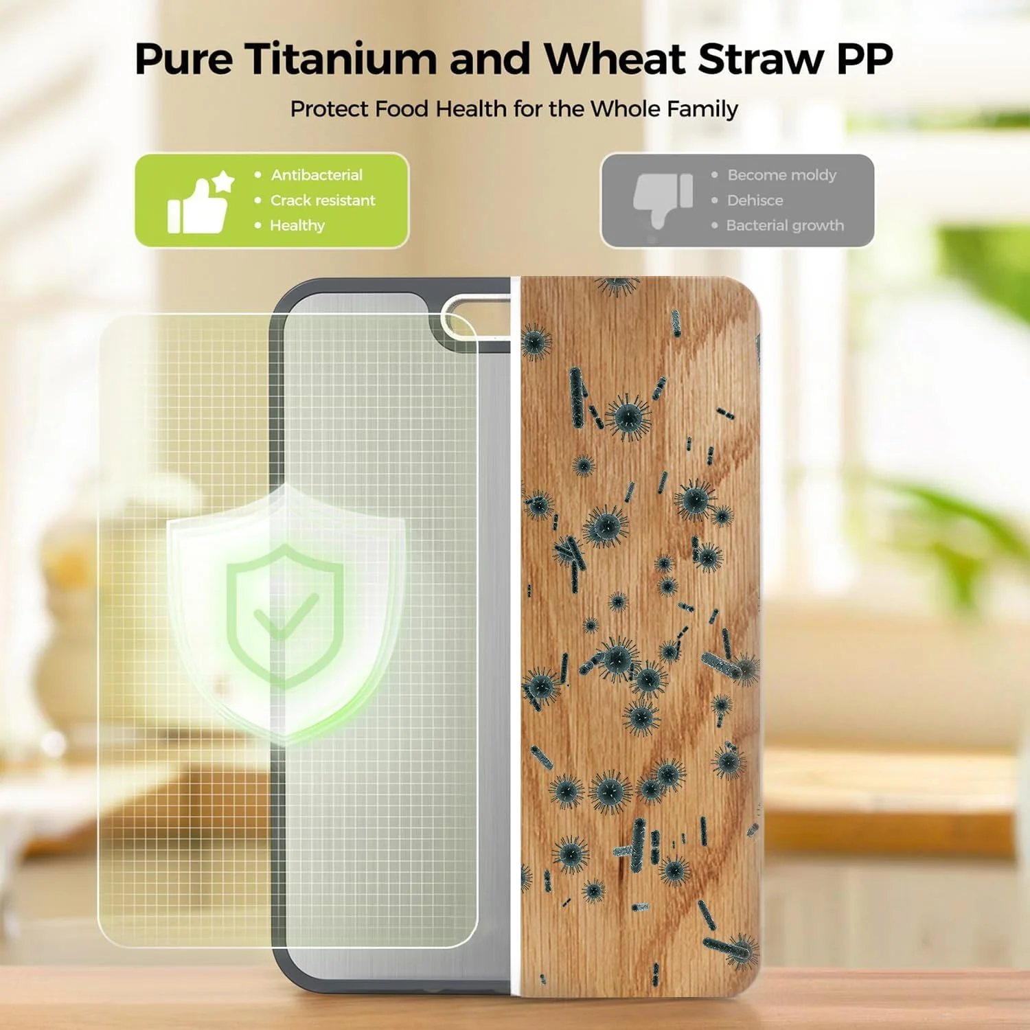 تخته برش تیتانیومی برای آشپزخانه، تخته برش دو طرفه با گرید غذایی، تیتانیوم خالص و PP کاه گندم، قابل شستشو در ماشین ظرفشویی، تمیز کردن آسان، سایز بزرگ 39×27 سانتی متر تخته برش تیتانیومی برای آشپزخانه، تخته برش دو طرفه با گرید غذایی، تیتانیوم خالص و PP کاه گندم، قابل شستشو در ماشین ظرفشویی، تمیز کردن آسان، سایز بزرگ 39×27 سانتی متر