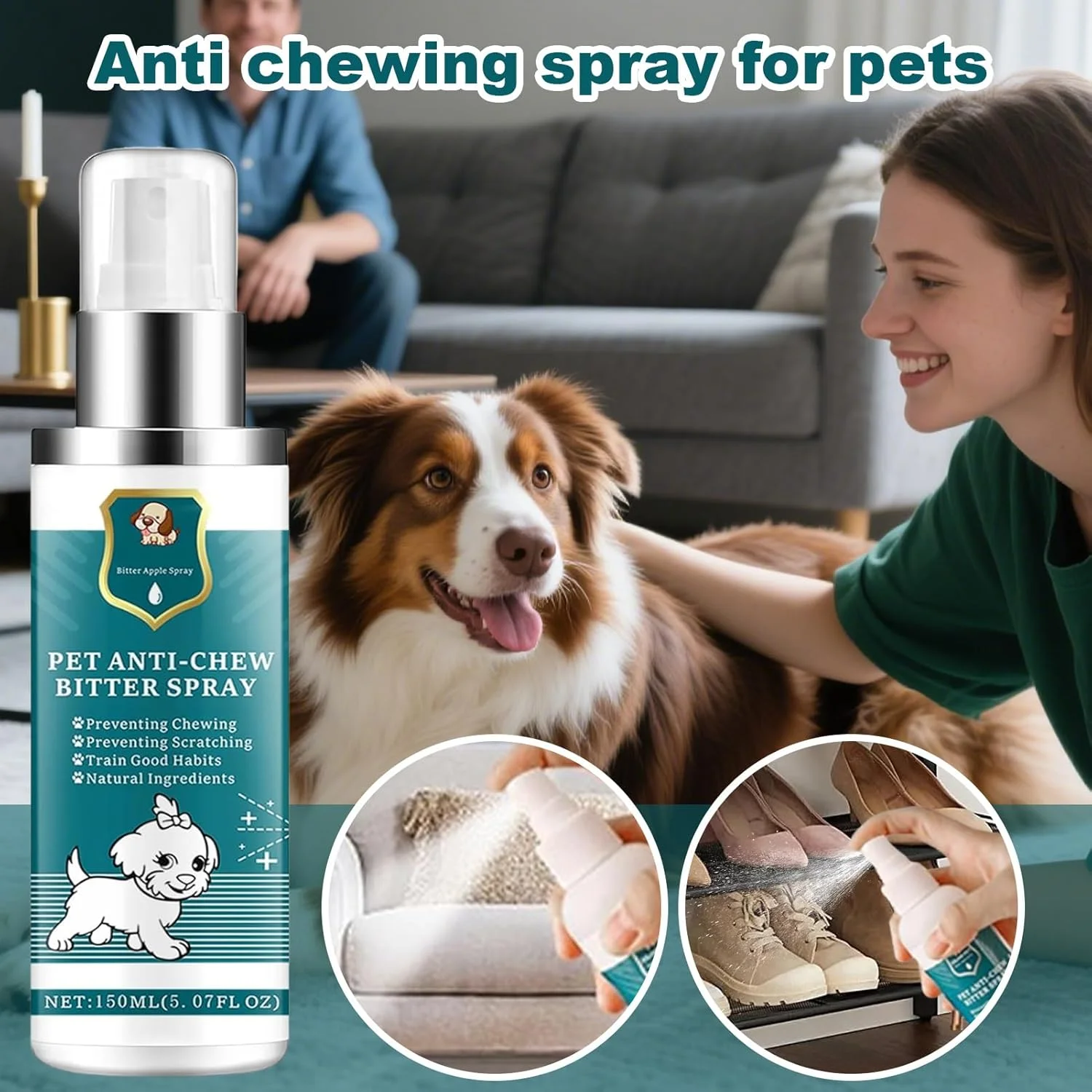 اسپری ضد گاز گرفتن برای سگ ها، اسپری سگ 150 میلی لیتری برای جلوگیری از جویدن | لوازم بهداشتی حیوانات خانگی برای جلوگیری از جویدن، جلوگیری از لیسیدن، محافظت از مبلمان، کنترل پارس کردن، آموزش توله سگ