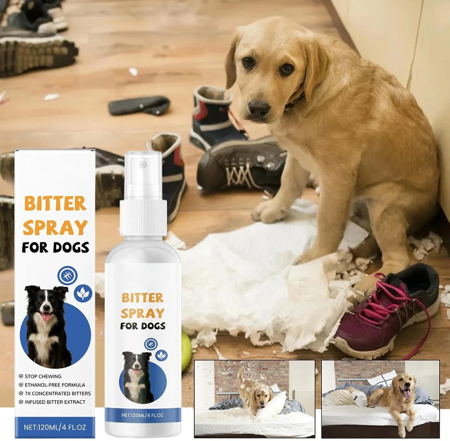 اسپری ضد جویدن سگ، محلول طبیعی برای جلوگیری از لیسیدن حیوانات خانگی، 120 میلی لیتر اسپری طبیعی تلخ ضد جویدن سگ برای مبلمان، فرش، فضای باز، حیاط، مسافرت، آموزش