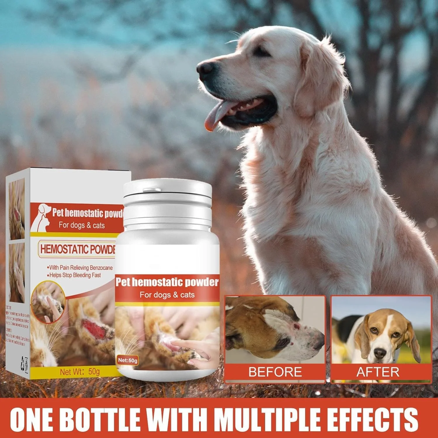 پودر بندآورنده خون حیوانات خانگی، درمان و بهبود حرفه ای، پودر تسکین دهنده پوست ضد آب برای سگ ها، گربه ها، پودر بندآورنده سریع خونریزی، پودر موضعی دارویی سریع الاثر برای حیوانات خانگی برای بریدگی