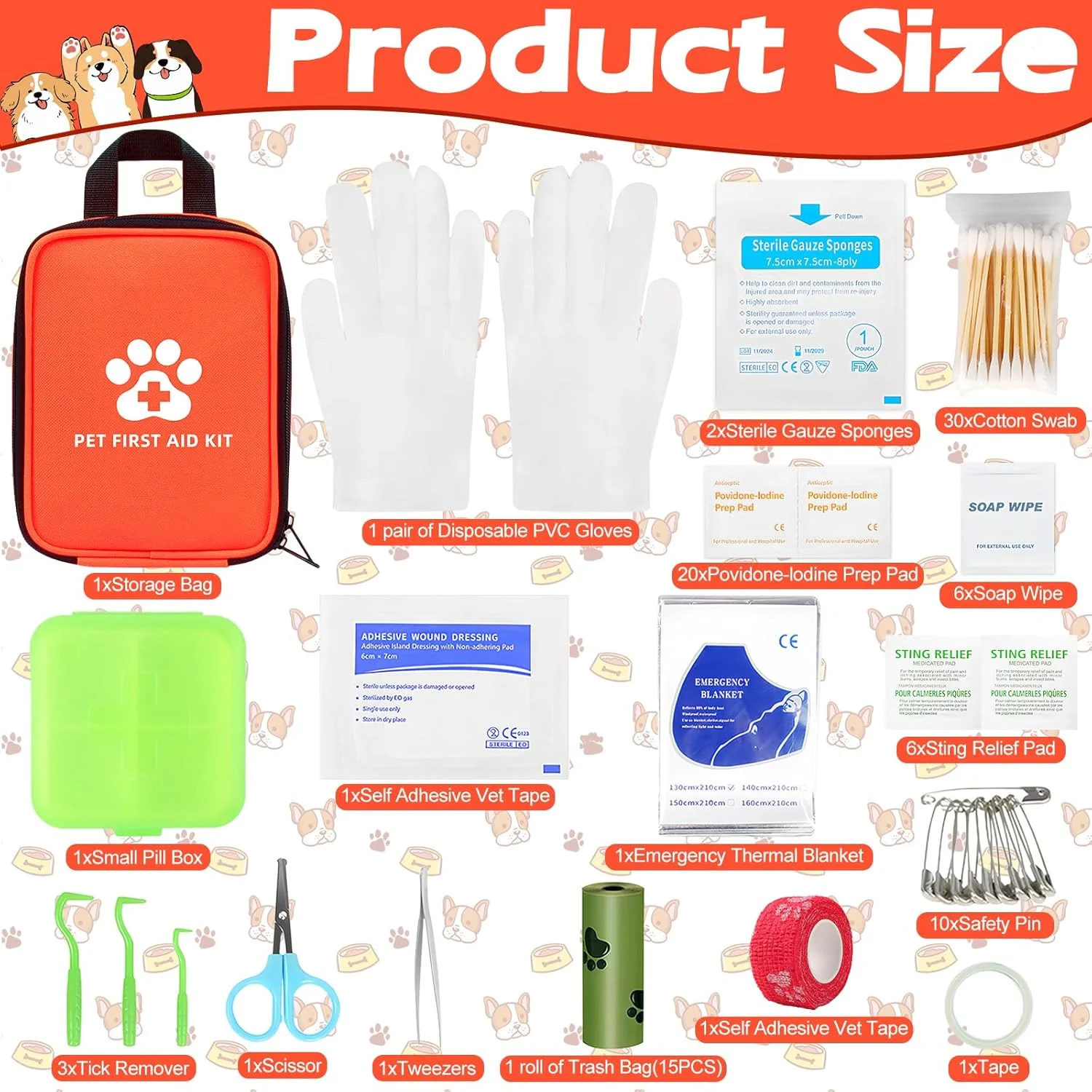 جعبه کمک های اولیه برای سگ ها و گربه ها، 102 تکه، کمک های اولیه برای حیوانات خانگی با قلاب کنه، موچین و موارد دیگر، داروخانه کوچک سگ برای مواقع اضطراری در خانه و خارج از منزل، سگ ها، لوازم جانبی پیاده روی