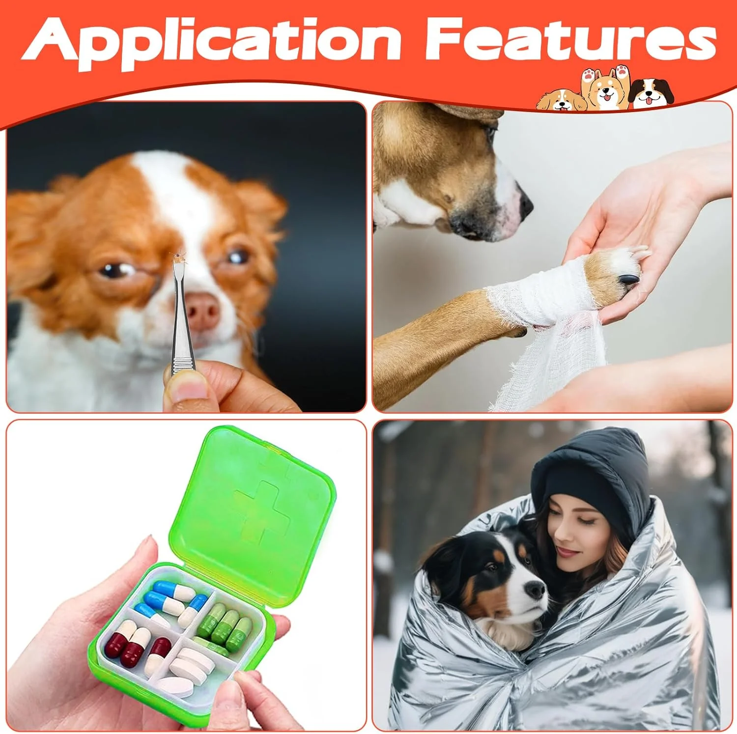 جعبه کمک های اولیه برای سگ ها و گربه ها، 102 تکه، کمک های اولیه برای حیوانات خانگی با قلاب کنه، موچین و موارد دیگر، داروخانه کوچک سگ برای مواقع اضطراری در خانه و خارج از منزل، سگ ها، لوازم جانبی پیاده روی