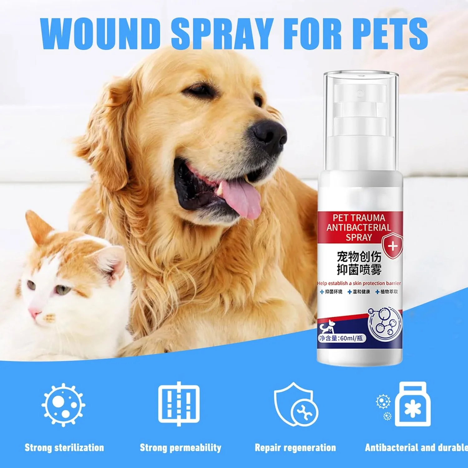 محلول پاک کننده زخم سگ | اسپری مراقبت از زخم 60 میلی لیتری | تسکین دهنده طبیعی پوست، عملکرد سریع، غیر تحریک کننده، لوازم بهداشتی برای تحریک و خراش