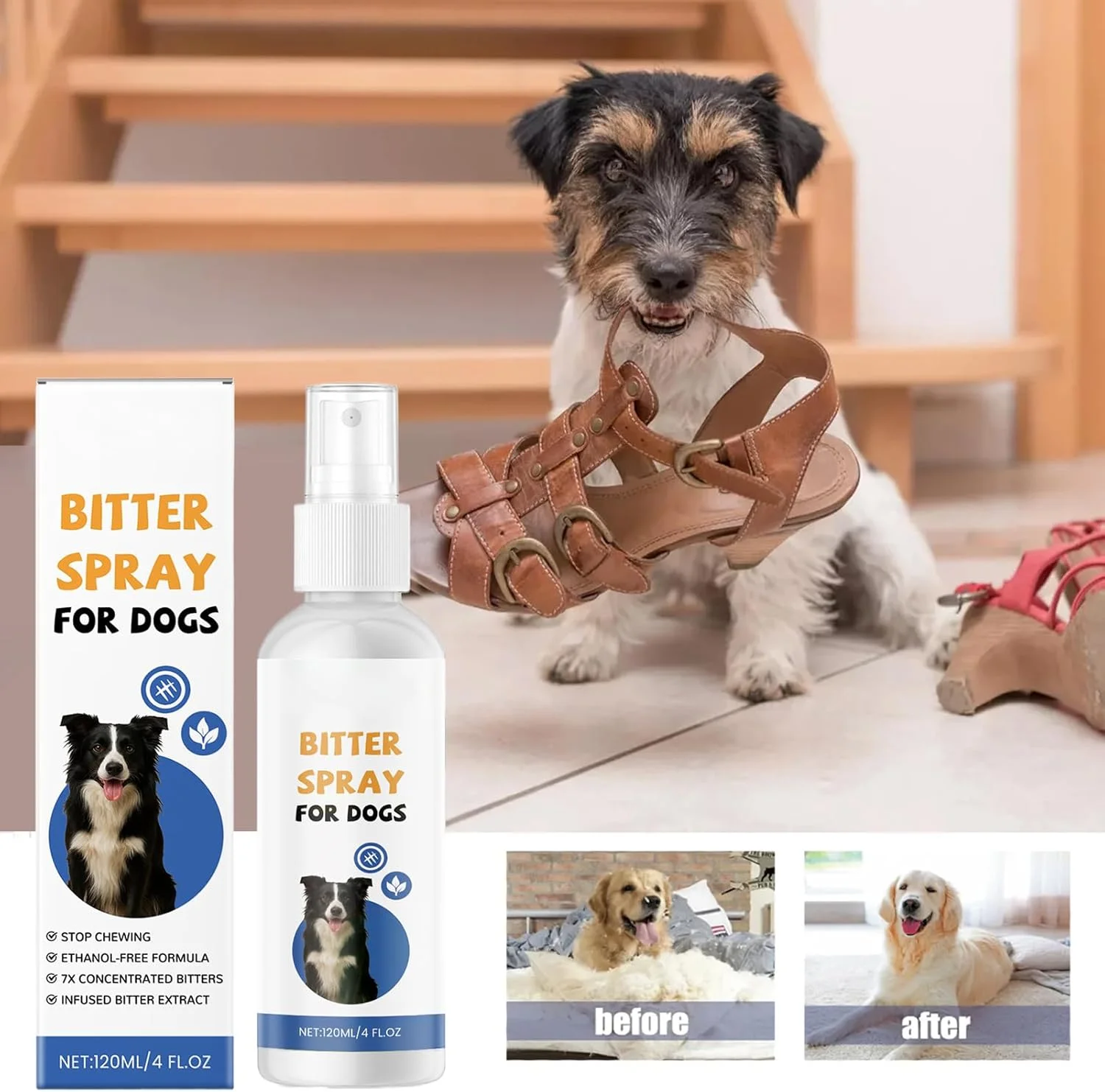 اسپری ضد جویدن سگ، محلول طبیعی برای جلوگیری از لیسیدن حیوانات خانگی، 120 میلی لیتر، اسپری آرام بخش و تلخ ضد جویدن سگ برای مبلمان، فرش، حیاط، چمن، مسافرت