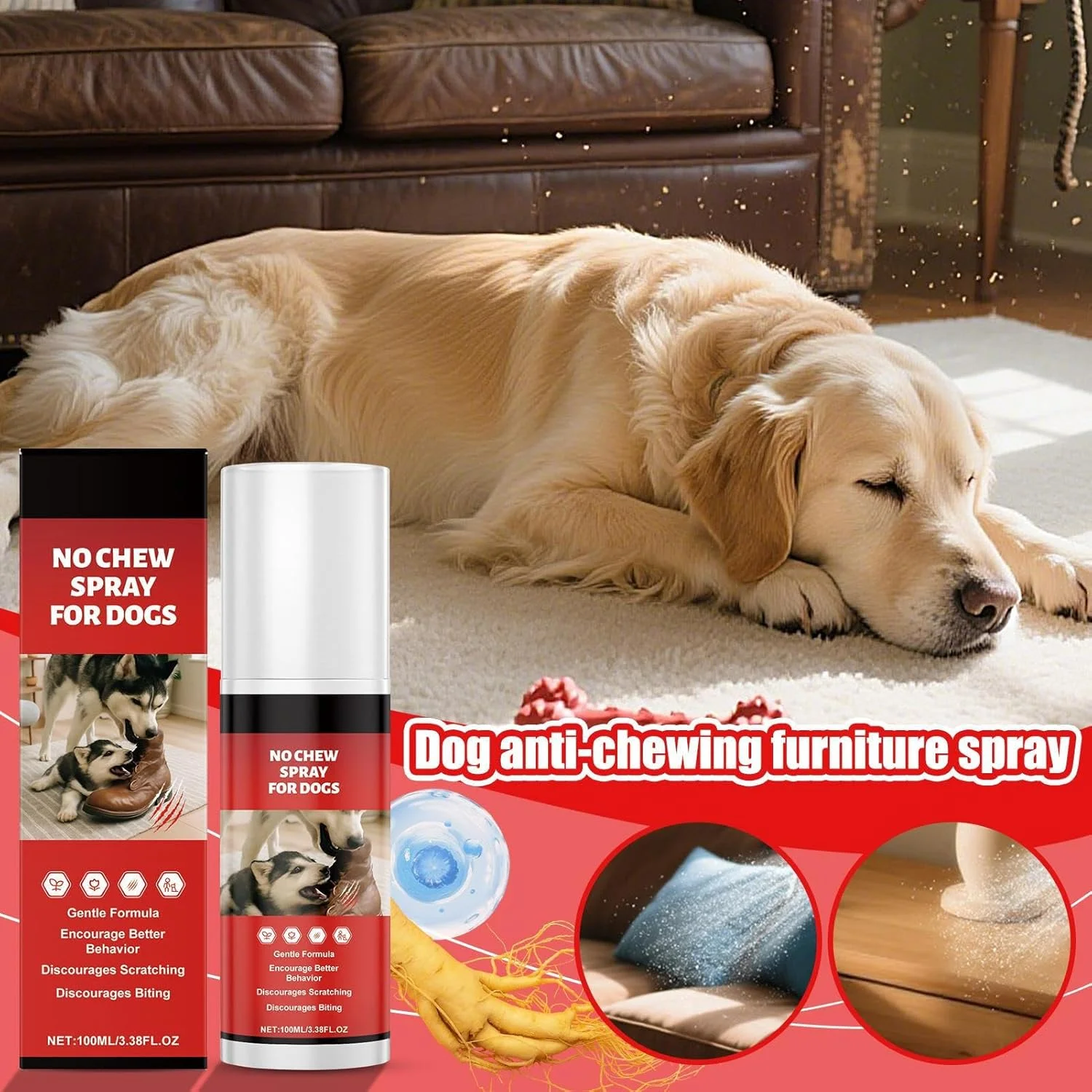 اسپری ضد جویدن سگ - اسپری 100 میلی لیتری سگ برای جلوگیری از جویدن، محلول ملایم و تلخ کمک رفتاری حیوانات خانگی برای اصلاح گاز گرفتن گربه ها و خرگوش ها