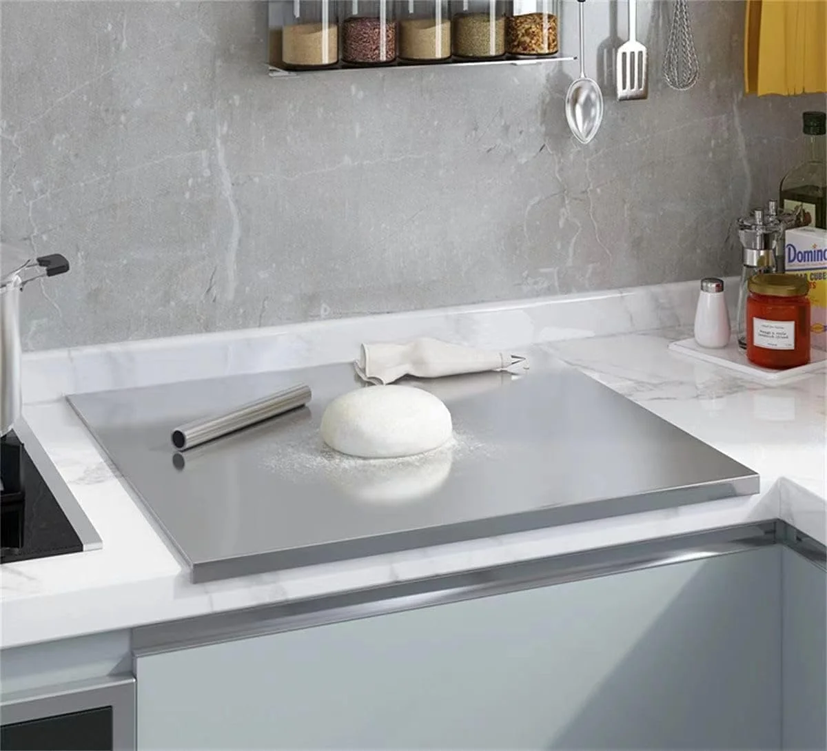 تخته برش استیل ضد زنگ 40 * 30 سانتی متری، تخته خرد کن برای آشپزخانه، تخته شیرینی پزی L شکل، تخته ورز دادن، مناسب برای گوشت، میوه ها، سبزیجات، نان و پخت