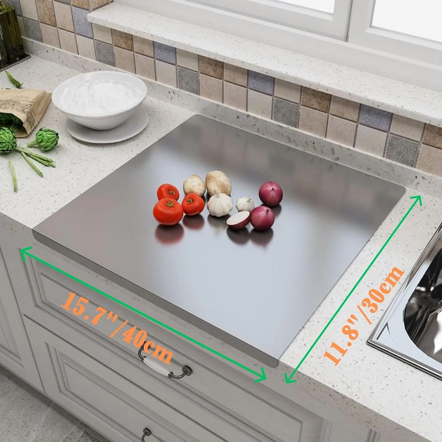 تخته برش استیل ضد زنگ 40 * 30 سانتی متری، تخته خرد کن برای آشپزخانه، تخته شیرینی پزی L شکل، تخته ورز دادن، مناسب برای گوشت، میوه ها، سبزیجات، نان و پخت