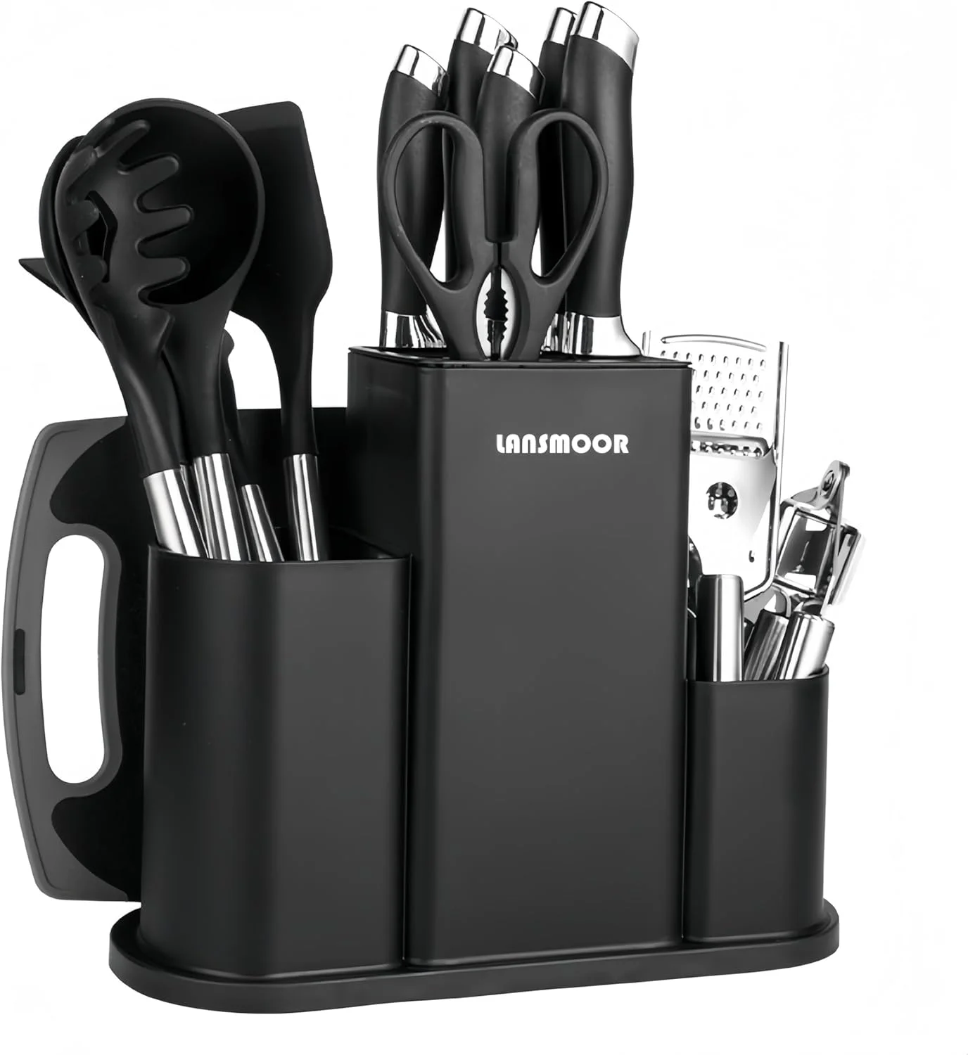 ست لوازم آشپزخانه 20 تکه ممتاز، ابزار آشپزی با پایه نگهدارنده، شامل چاقو، تخته برش، لوازم جانبی آشپزخانه، سیلیکون غیر سمی و فاقد BPA (مشکی)