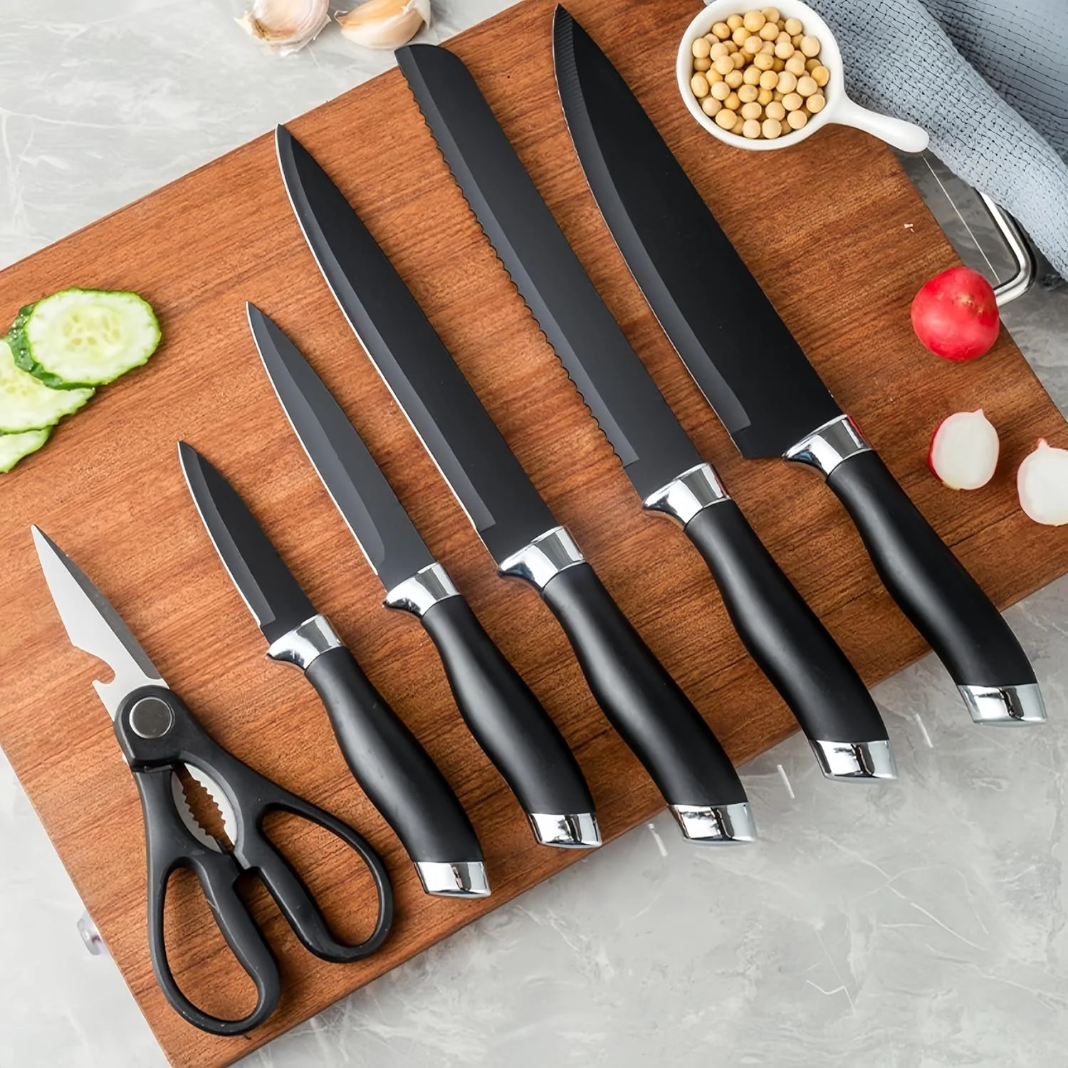 ست لوازم آشپزخانه 20 تکه ممتاز، ابزار آشپزی با پایه نگهدارنده، شامل چاقو، تخته برش، لوازم جانبی آشپزخانه، سیلیکون غیر سمی و فاقد BPA (مشکی)