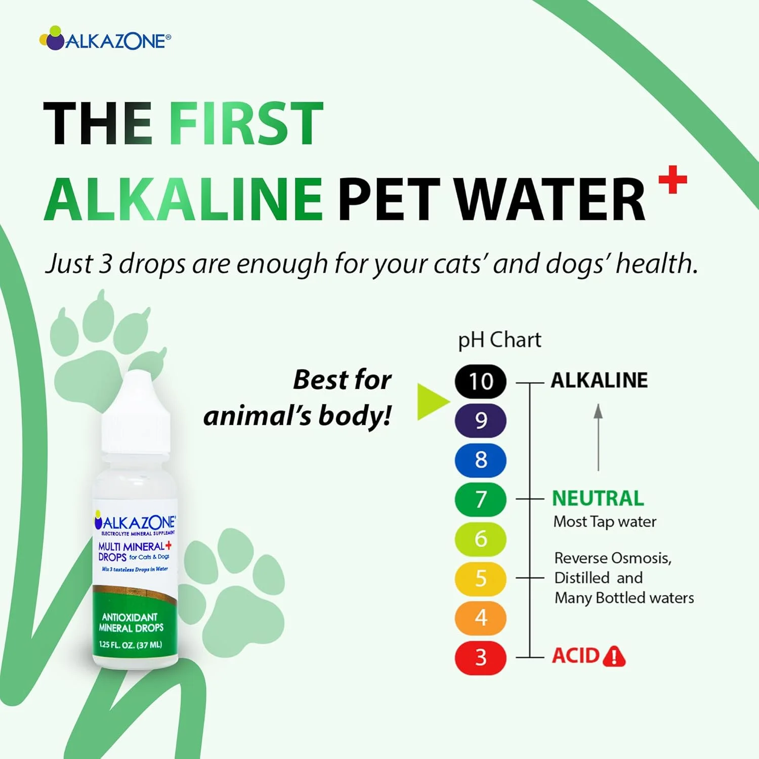 قطره های چند منظوره قلیایی آلکازون برای گربه ها و سگ ها | قطره های قلیایی غنی از مواد معدنی | بدون طعم | 1 بسته 37 لیتر آب تولید می کند | اندازه سرو 3 قطره | 120 سروینگ (1 بسته)