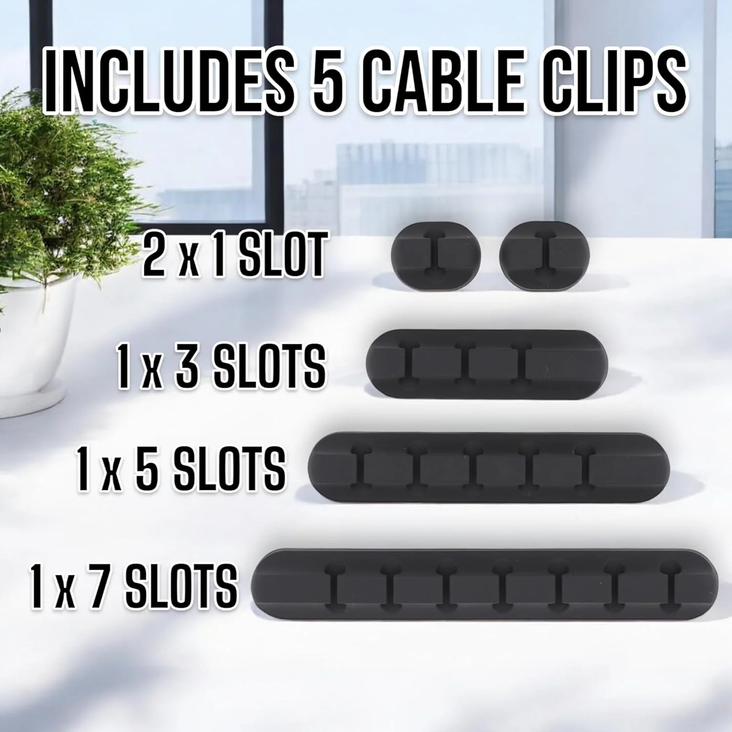 بسته 5 عددی گیره کابل خودچسب، نگهدارنده سیم و کابل مشکی برای میز، شارژر، کامپیوتر و مدیریت کابل تلویزیون (1، 1، 3، 5، 7 شکاف)
