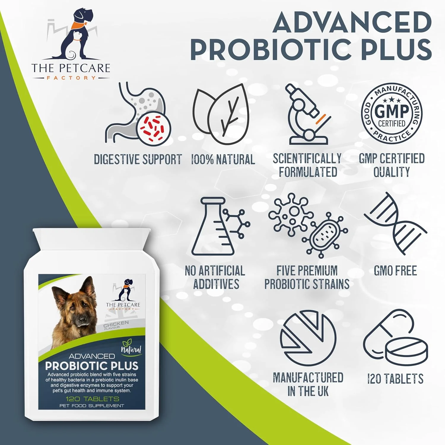 پروبیوتیک پیشرفته پلاس، 5 سویه باکتری در پایه اینولین پری‌بیوتیک، 2 میلیارد CFU در هر قرص، به همراه آنزیم‌های گوارشی، 120 قرص، تقویت کننده هضم سالم در سگ‌ها