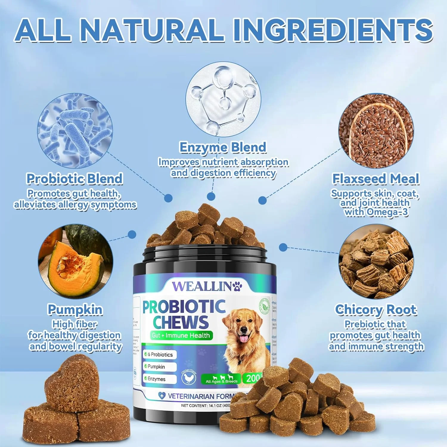 ۲۰۰ عدد پروبیوتیک برای سگ ها - خوراکی های پروبیوتیک سگ برای سلامت روده، پشتیبانی از هضم و تسکین خارش پوست، درمان اسهال و گاز حیوانات خانگی - پروبیوتیک ها، آنزیم های گوارشی، پری بیوتیک ها، کدو تنبل